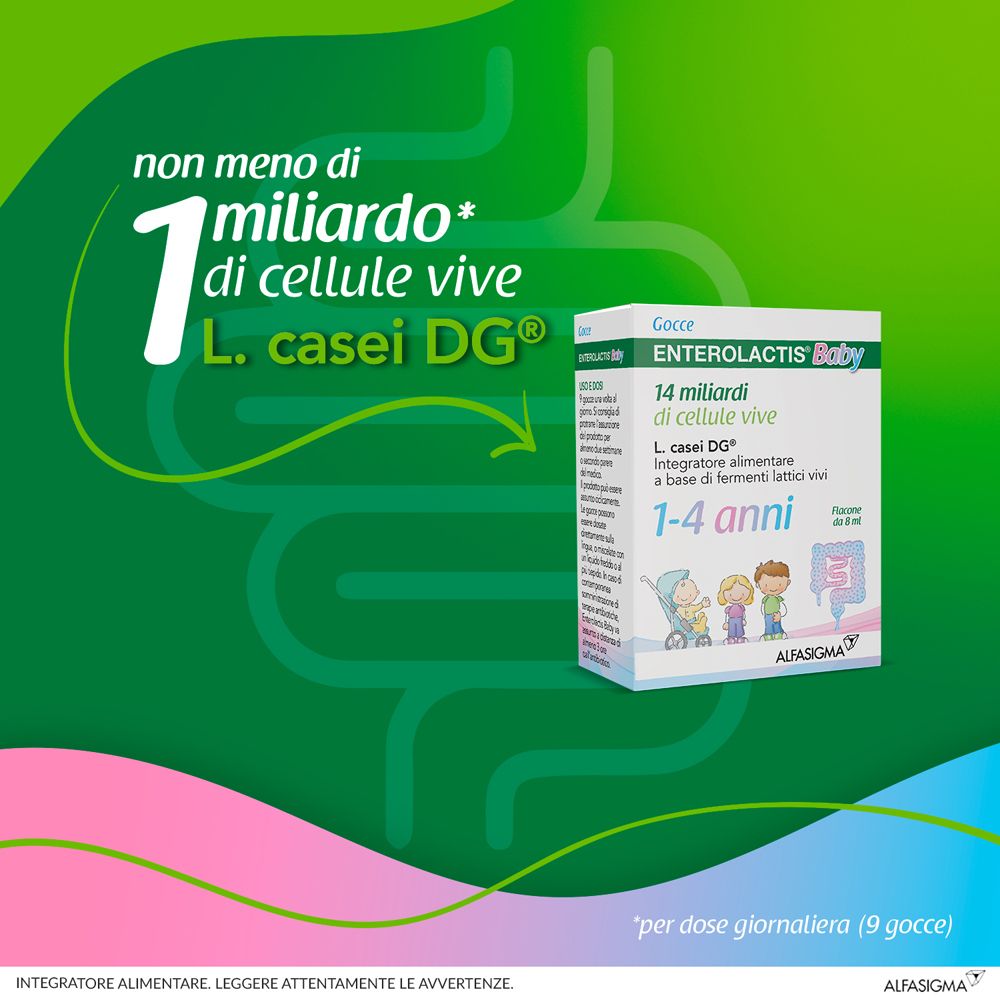 Confezione del prodotto con testo e illustrazioni. Testo: Enterolactis Baby, 14 miliardi di cellule vive, L. casei DG.