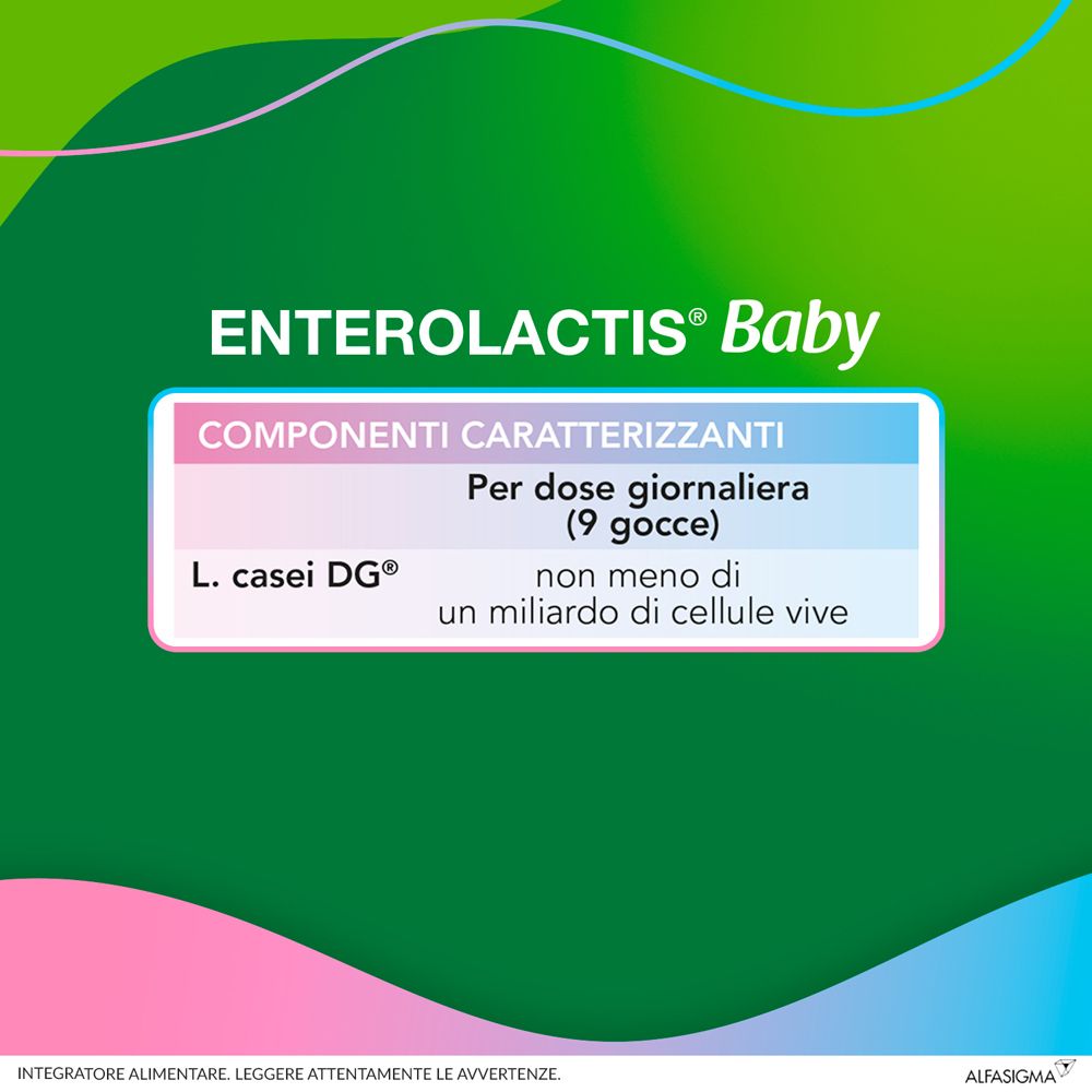 Testo su sfondo verde. Testo: Enterolactis Baby, componenti, L. casei DG, non meno di 1 miliardo di cellule vive.