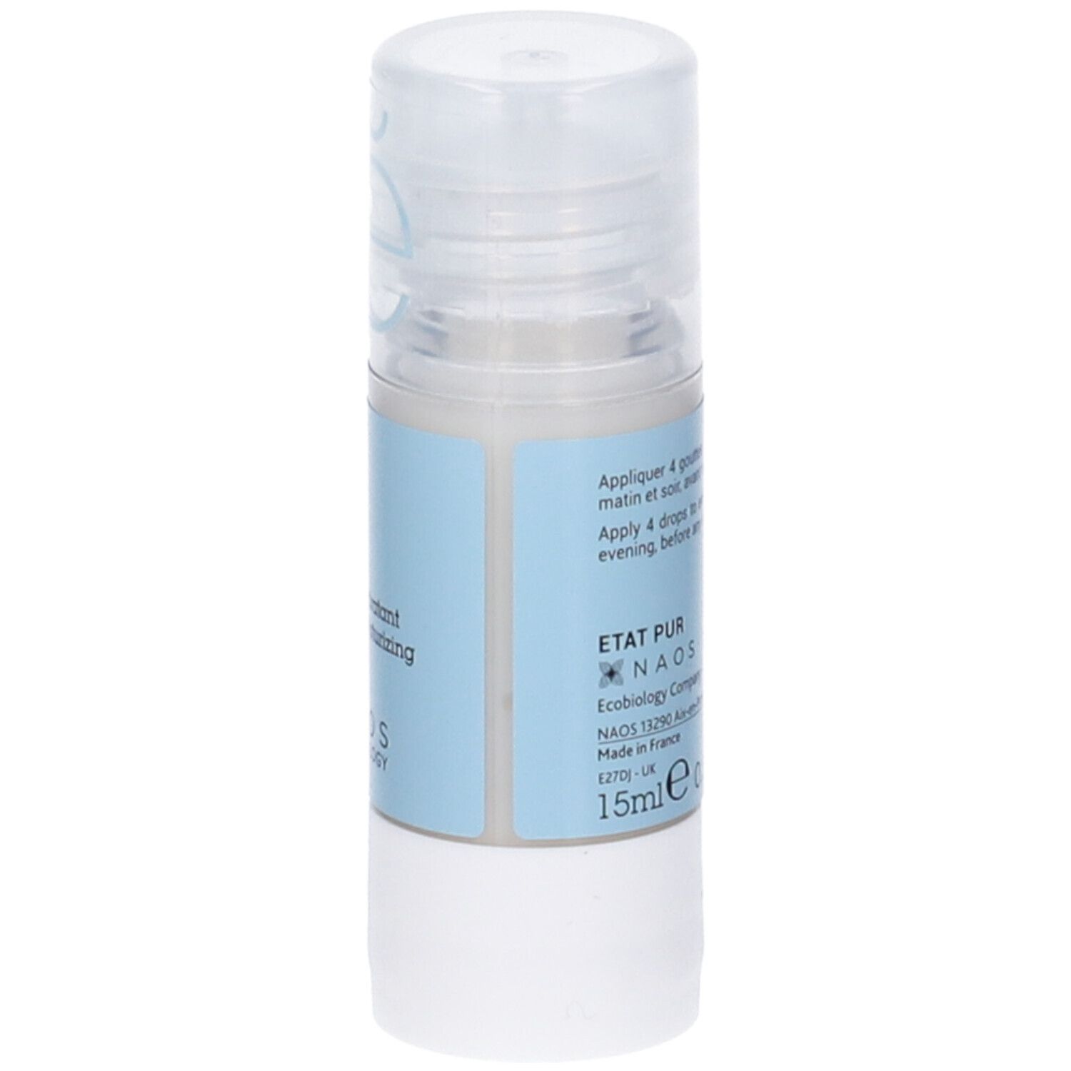 Flacone con etichetta blu. Testo: Aloe vera 0,5%, lenitivo, idratante, NAOS Ecobiology. 15ml.