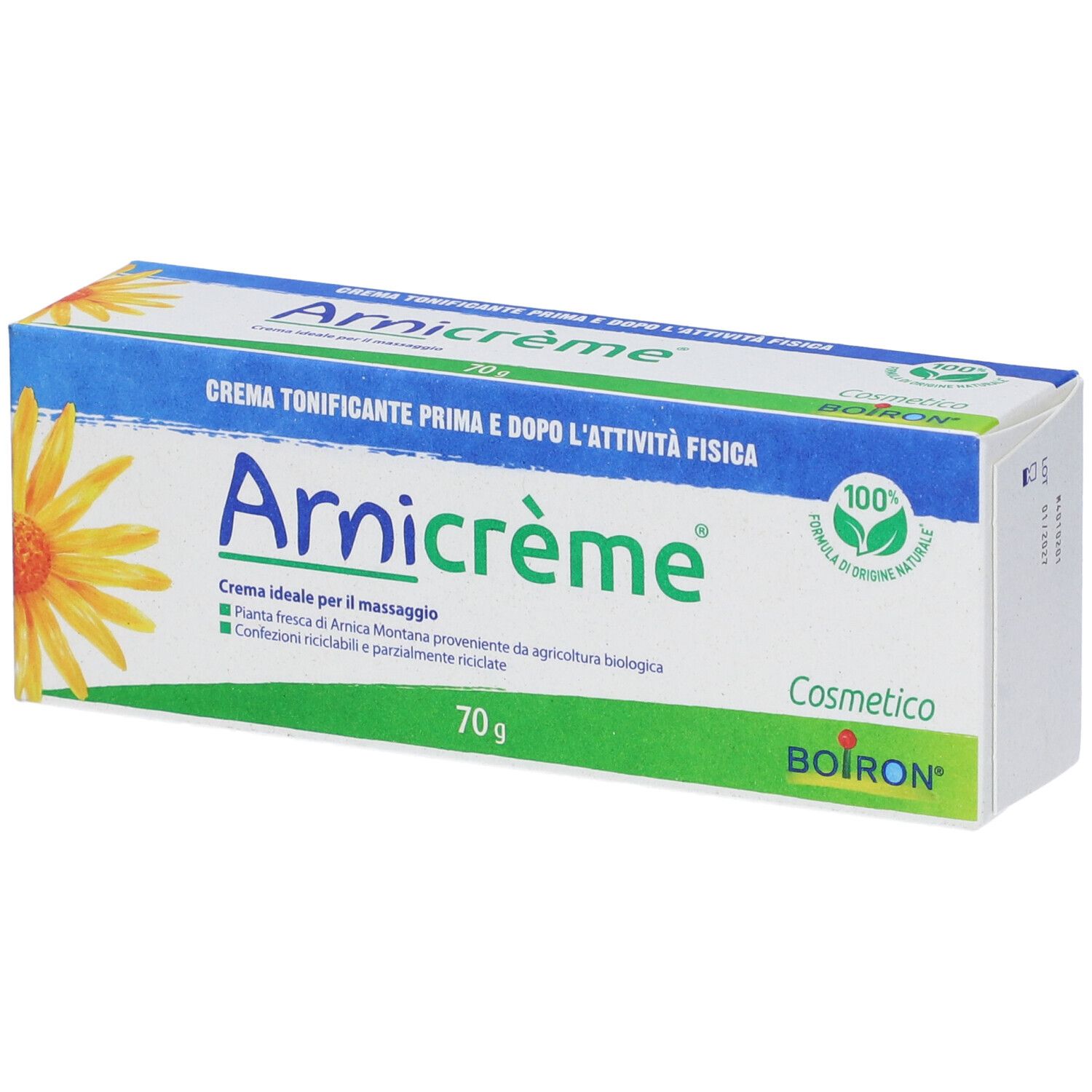 Confezione di Arnicrème. Scatola bianca e blu con nome e logo. Contiene 70g.