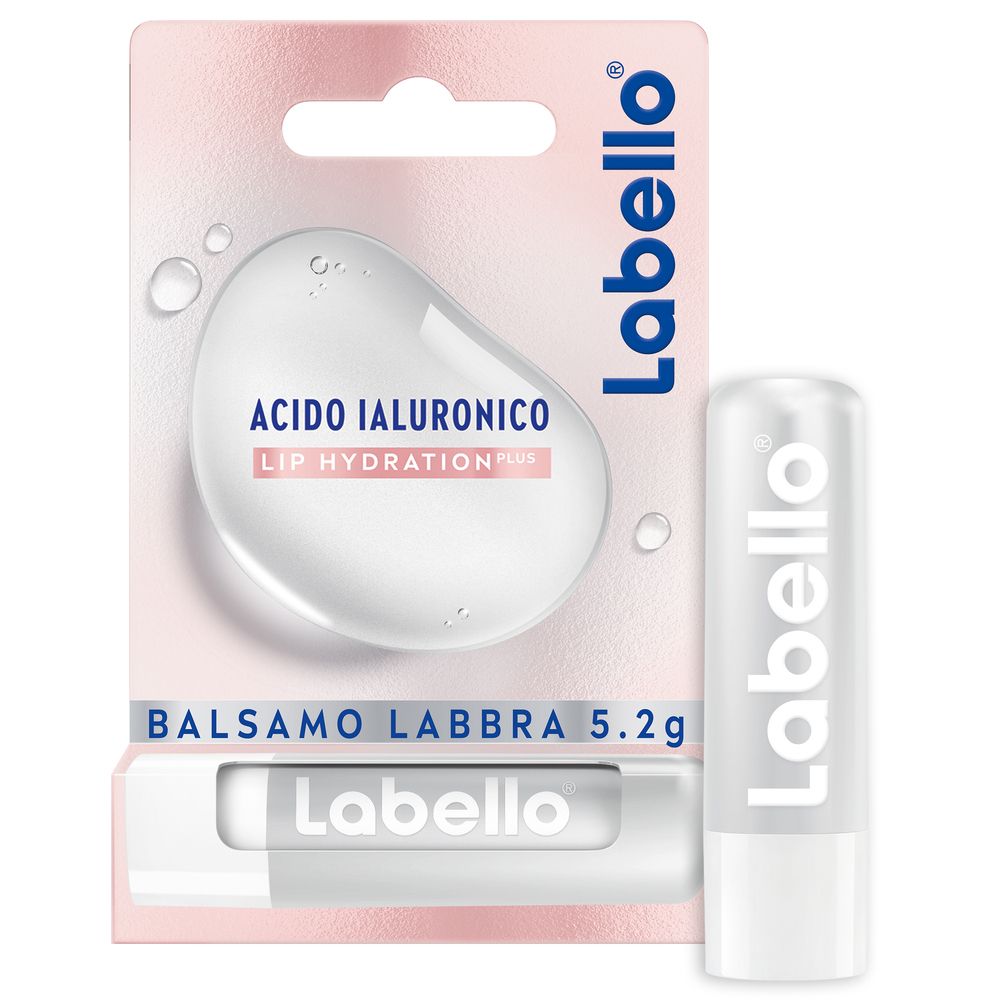 Balsamo labbra Labello con acido ialuronico. Confezione con prodotto e immagine. Prodotto bianco con confezione rosa.