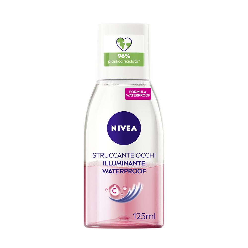 Struccante occhi Nivea. Flacone trasparente con liquido rosa. Tappo bianco. Marchio Nivea blu. Testo: Struccante Occhi Illuminante Waterproof.