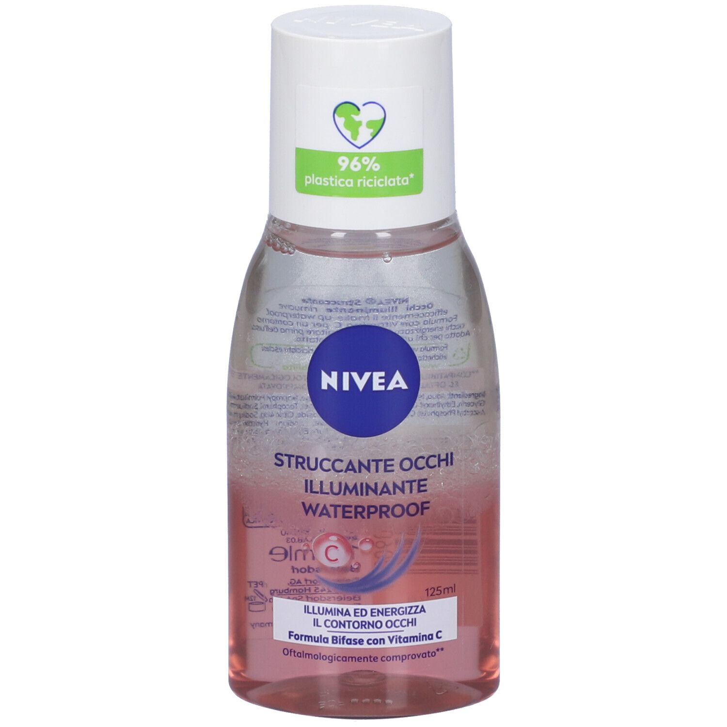 Struccante occhi Nivea. Flacone trasparente con liquido rosa. Tappo bianco. Marchio Nivea blu. Testo: Struccante Occhi Illuminante Waterproof.