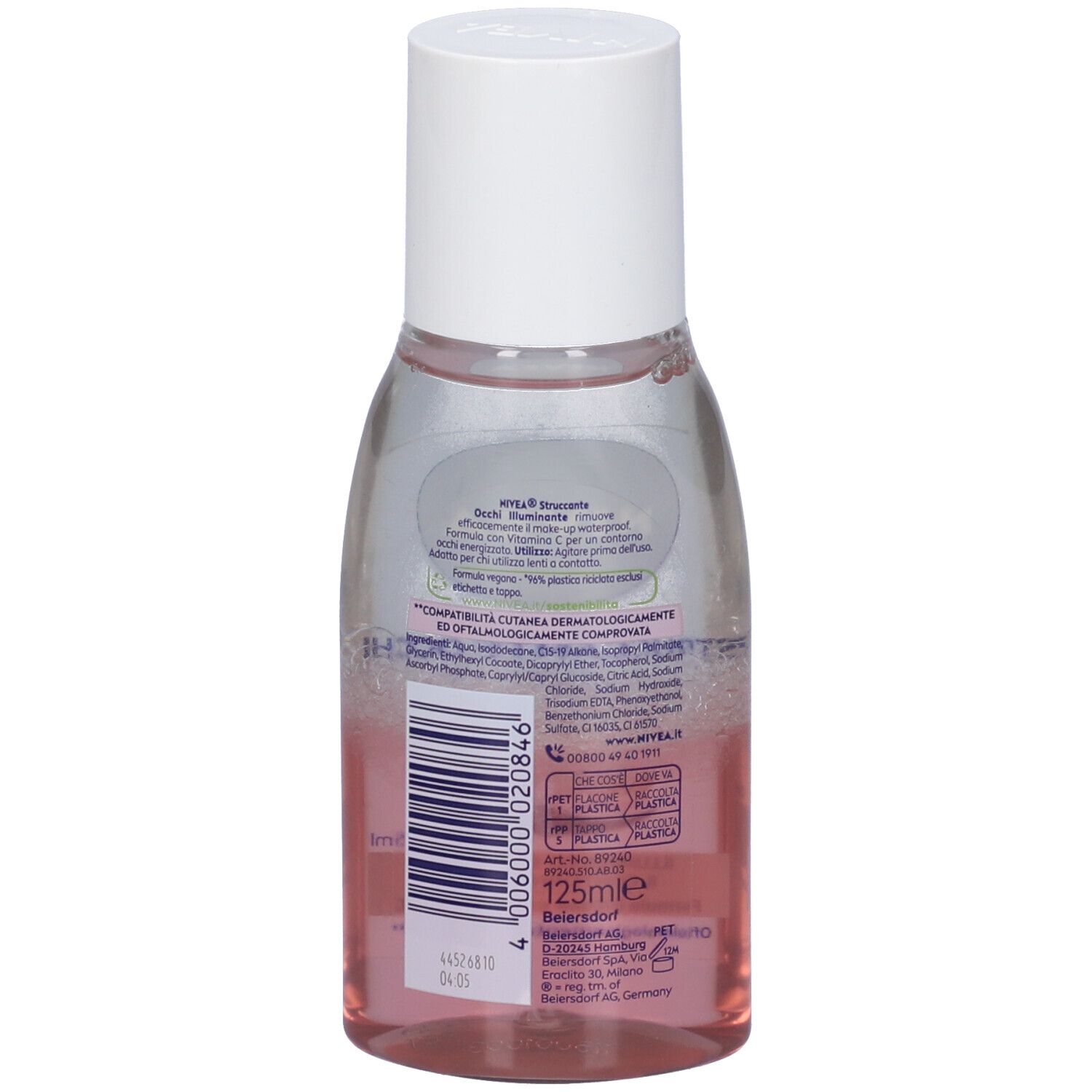 Retro del flacone struccante occhi Nivea. Testo e codice a barre.