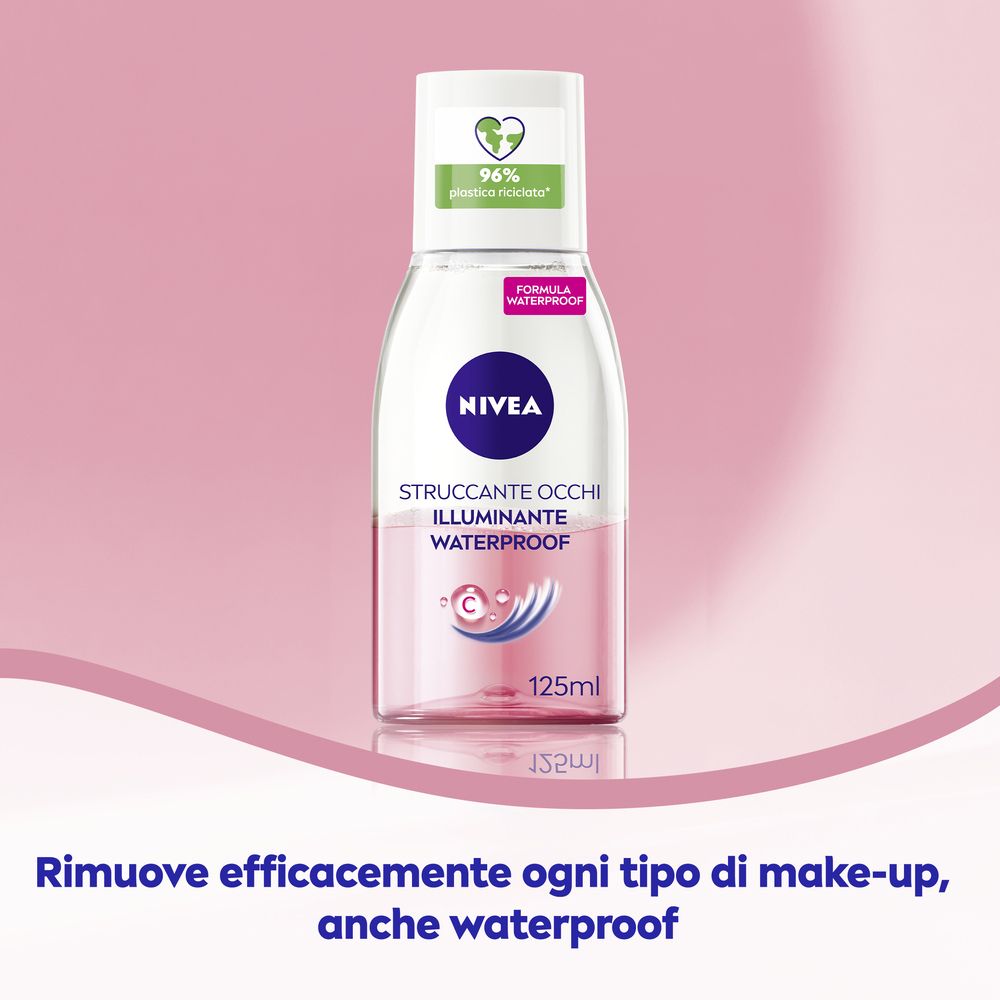 Struccante occhi Nivea. Flacone con liquido rosa. Testo: Struccante Occhi Illuminante Waterproof. Testo: Rimuove efficacemente ogni tipo di make-up, anche waterproof.