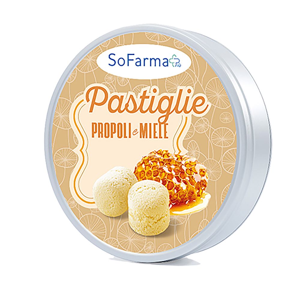 Confezione rotonda con pastiglie e favo. Scritta: SoFarma, Pastiglie Propoli e Miele.