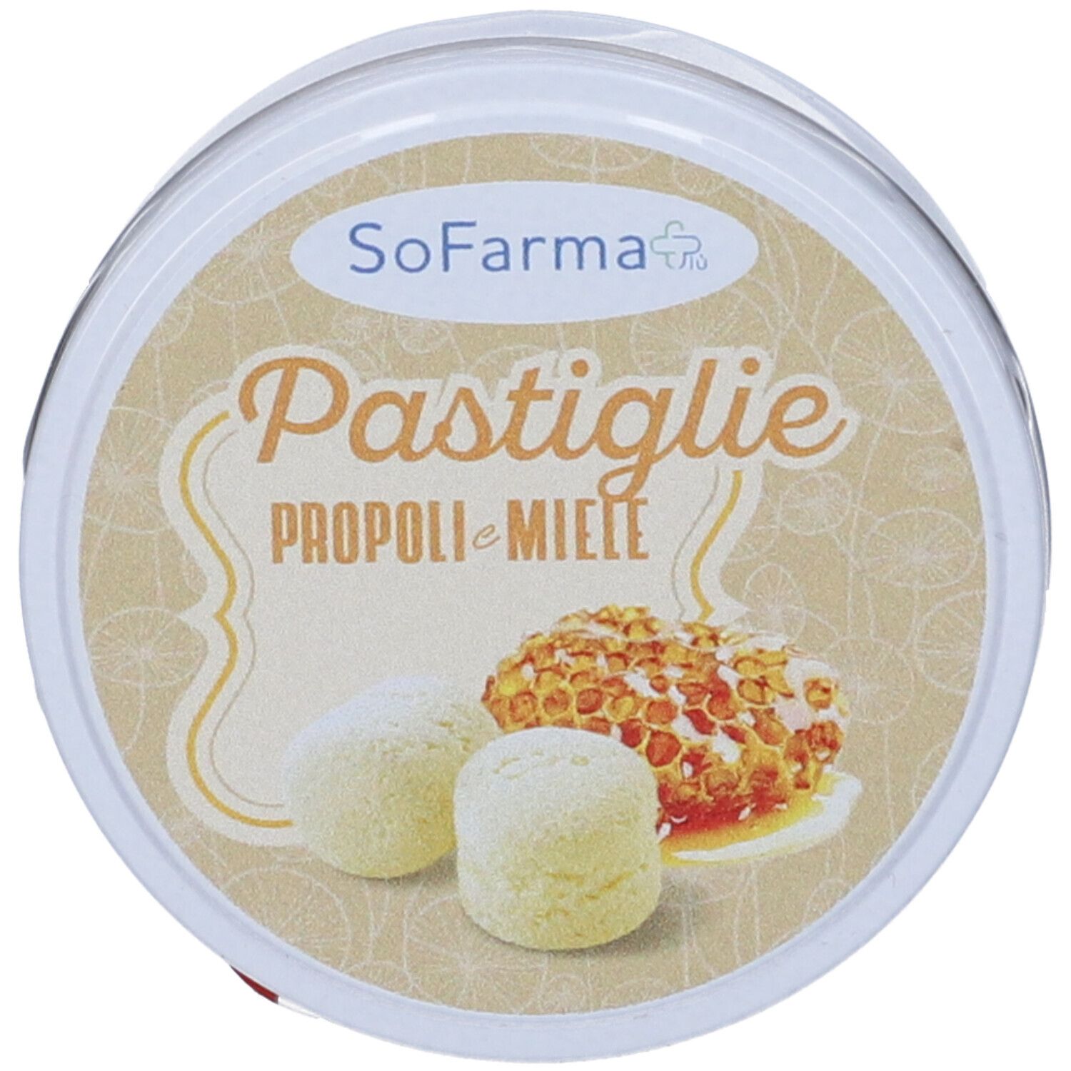 Confezione rotonda con pastiglie e favo. Scritta: SoFarma, Pastiglie Propoli e Miele.