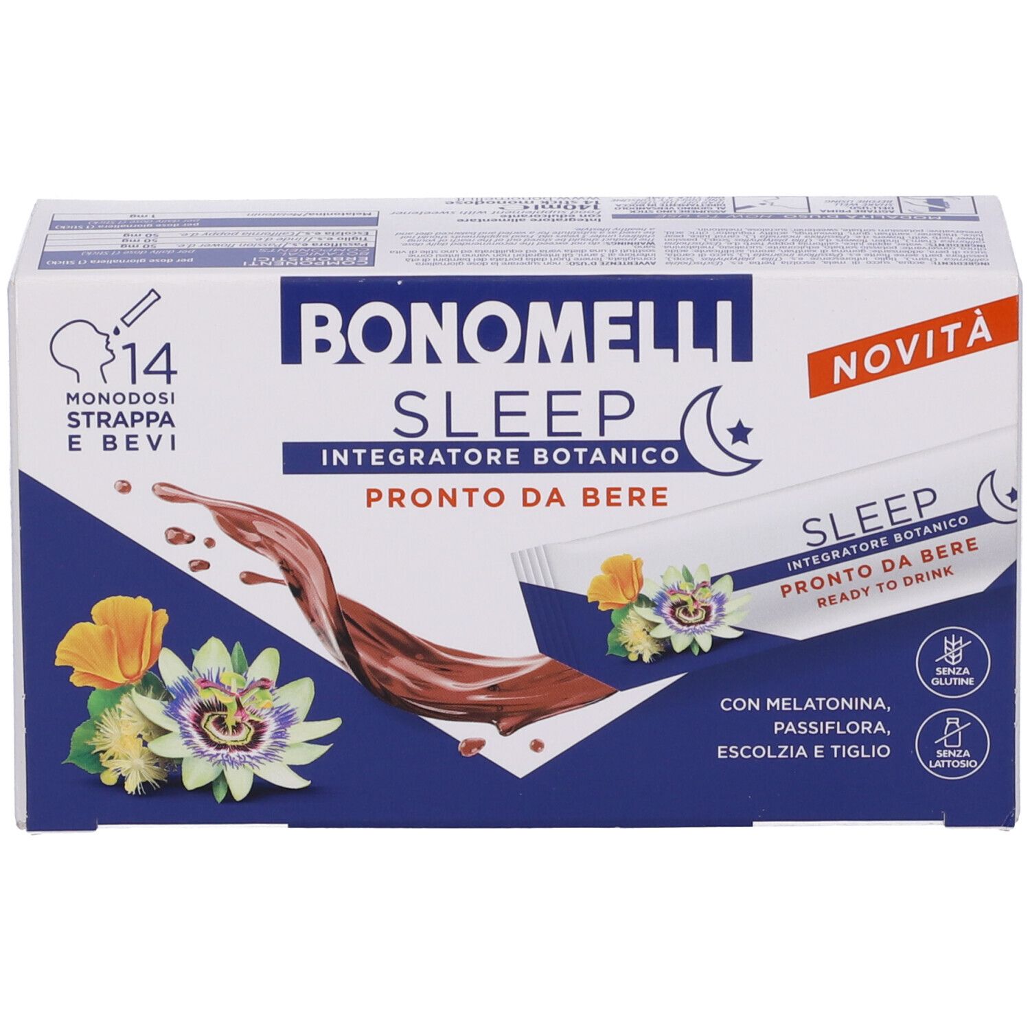 Bonomelli Sleep, 14 flaconcini da bere, integratore alimentare botanico con melatonina.
