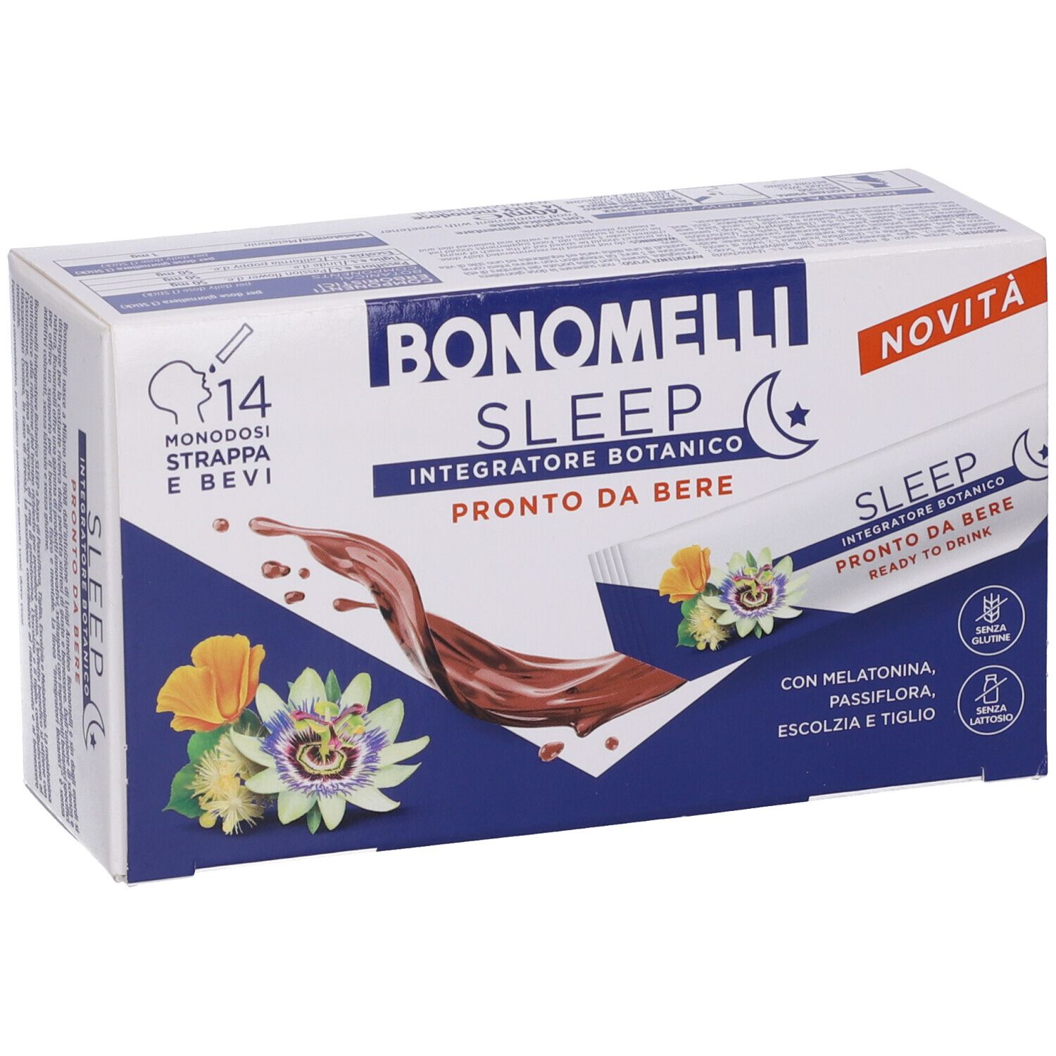Bonomelli Sleep, 14 flaconcini da bere, integratore alimentare botanico con melatonina.