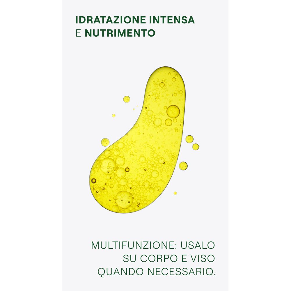Gelbe Flüssigkeit mit Text: IDRATAZIONE INTENSA E NUTRIENTO. Text: Multifunzione: usalo su corpo e viso.