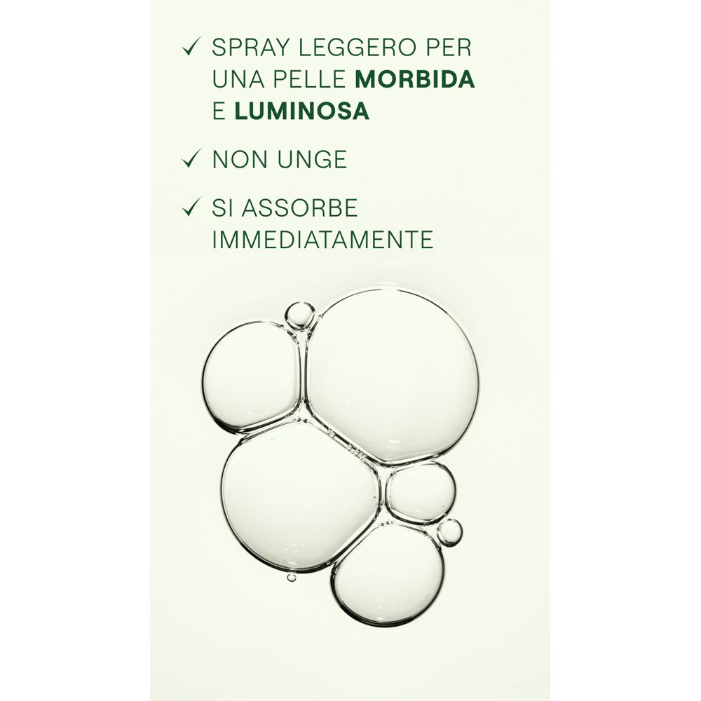 Blasen mit Text: SPRAY LEGGERO PER UNA PELLE MORBIDA E LUMINOSA. Nicht fettend, zieht sofort ein.