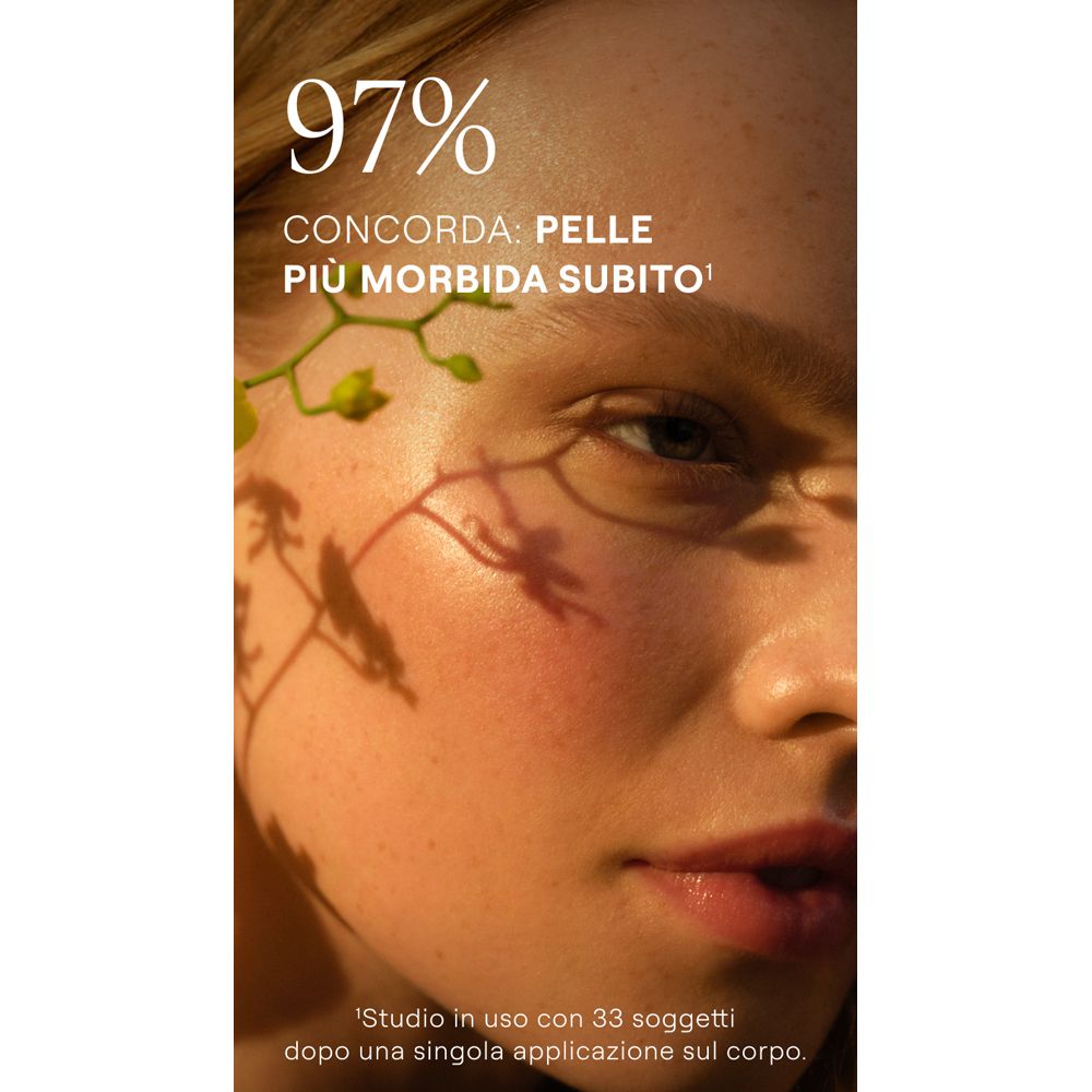 Gesicht einer Frau mit Text: 97% sind sich einig: Weichere Haut sofort.