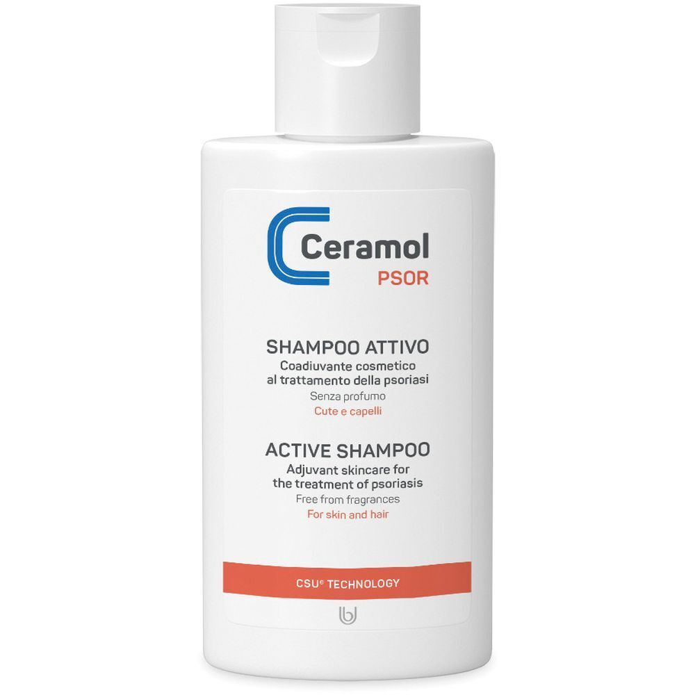 Flacone bianco con logo blu e testo. Nome prodotto: Shampoo Attivo. Testo in italiano e inglese.