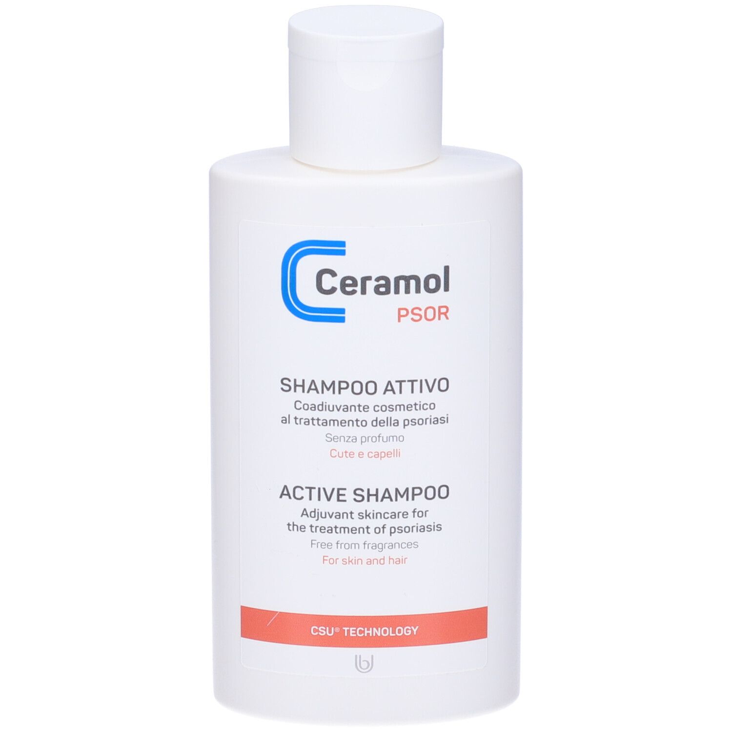 Flacone bianco con logo blu e testo. Nome prodotto: Shampoo Attivo. Testo in italiano e inglese.