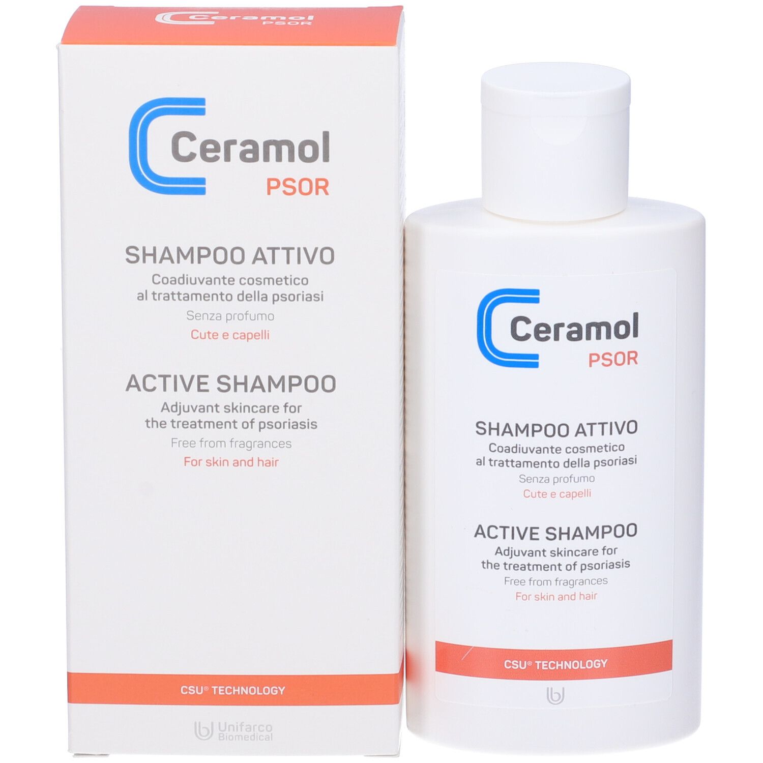 Confezione e flacone del prodotto. Confezione con logo blu e testo. Flacone con nome del prodotto: Shampoo Attivo.
