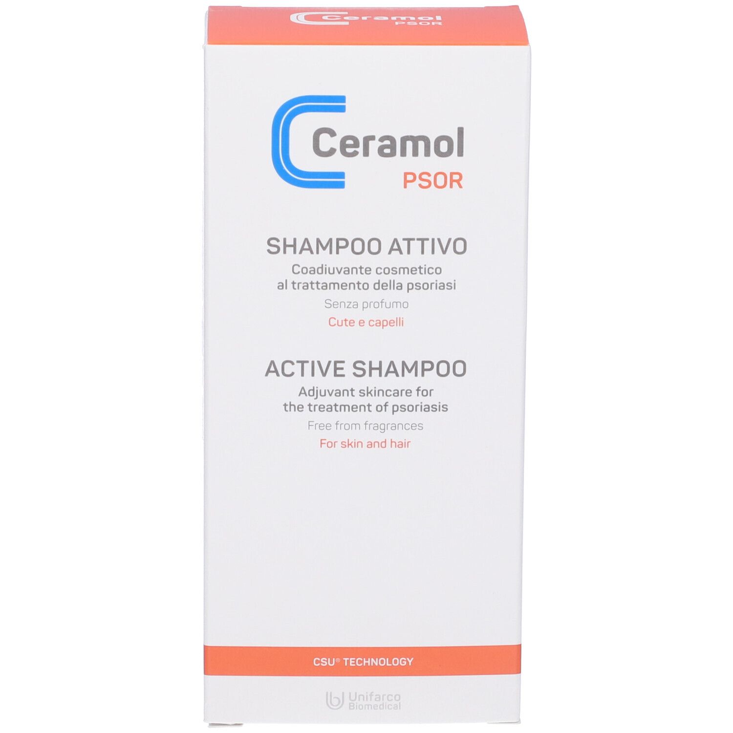 Confezione del prodotto con logo blu e testo. Nome prodotto: Shampoo Attivo. Testo in italiano e inglese.