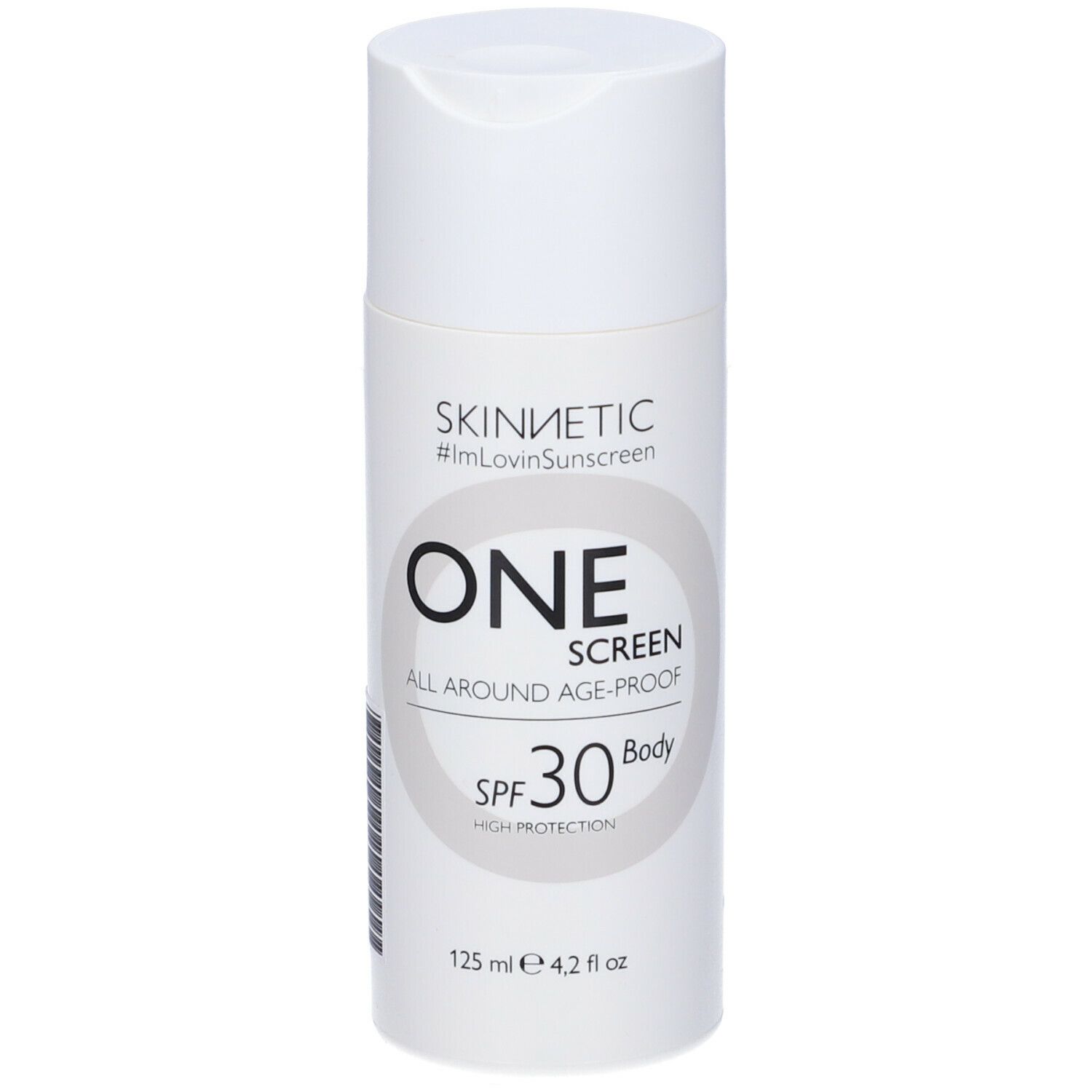 Flacone bianco Skinnetic One Screen SPF 30. Scritto: All Around Age-proof, Body, High Protection. 125 ml, 4.2 fl oz.