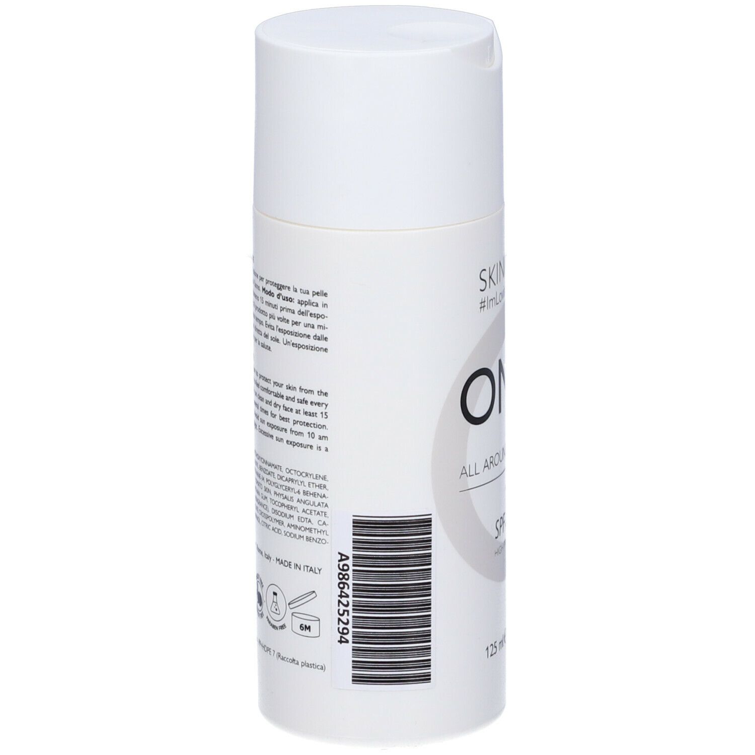 Flacone bianco con testo e codice a barre. Informazioni sul prodotto sul retro. Skinnetic One Screen SPF 30. 125 ml, 4.2 fl oz.
