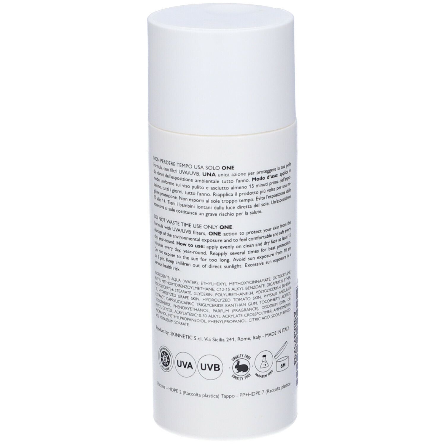 Flacone bianco con testo. Informazioni sul prodotto sul retro. Skinnetic One Screen SPF 30. Logo UVA UVB. 125 ml, 4.2 fl oz.