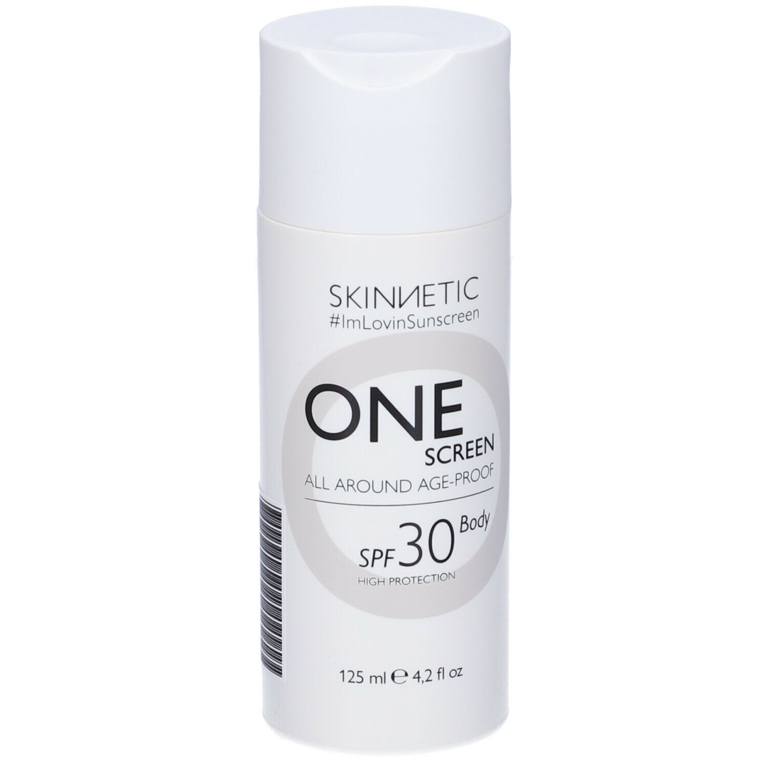 Flacone bianco Skinnetic One Screen SPF 30. Scritto: All Around Age-proof, Body, High Protection. 125 ml, 4.2 fl oz.
