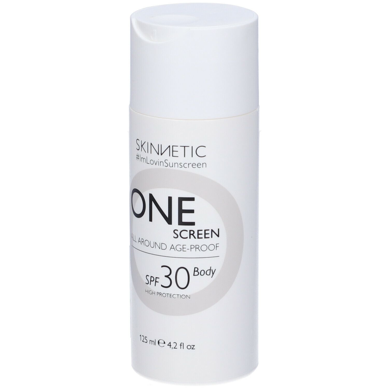 Flacone bianco Skinnetic One Screen SPF 30. Scritto: All Around Age-proof, Body, High Protection. 125 ml, 4.2 fl oz.