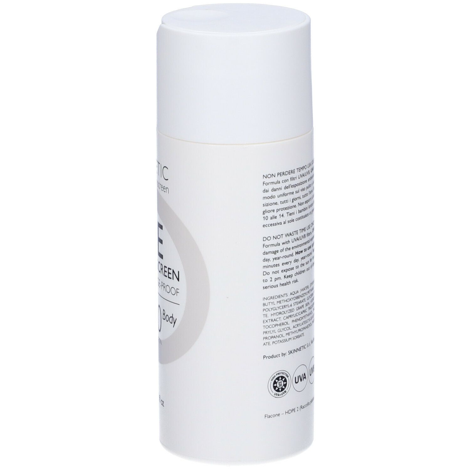 Flacone bianco con testo. Informazioni sul prodotto sul retro. Skinnetic One Screen SPF 30. Logo UVA UVB. 125 ml, 4.2 fl oz.