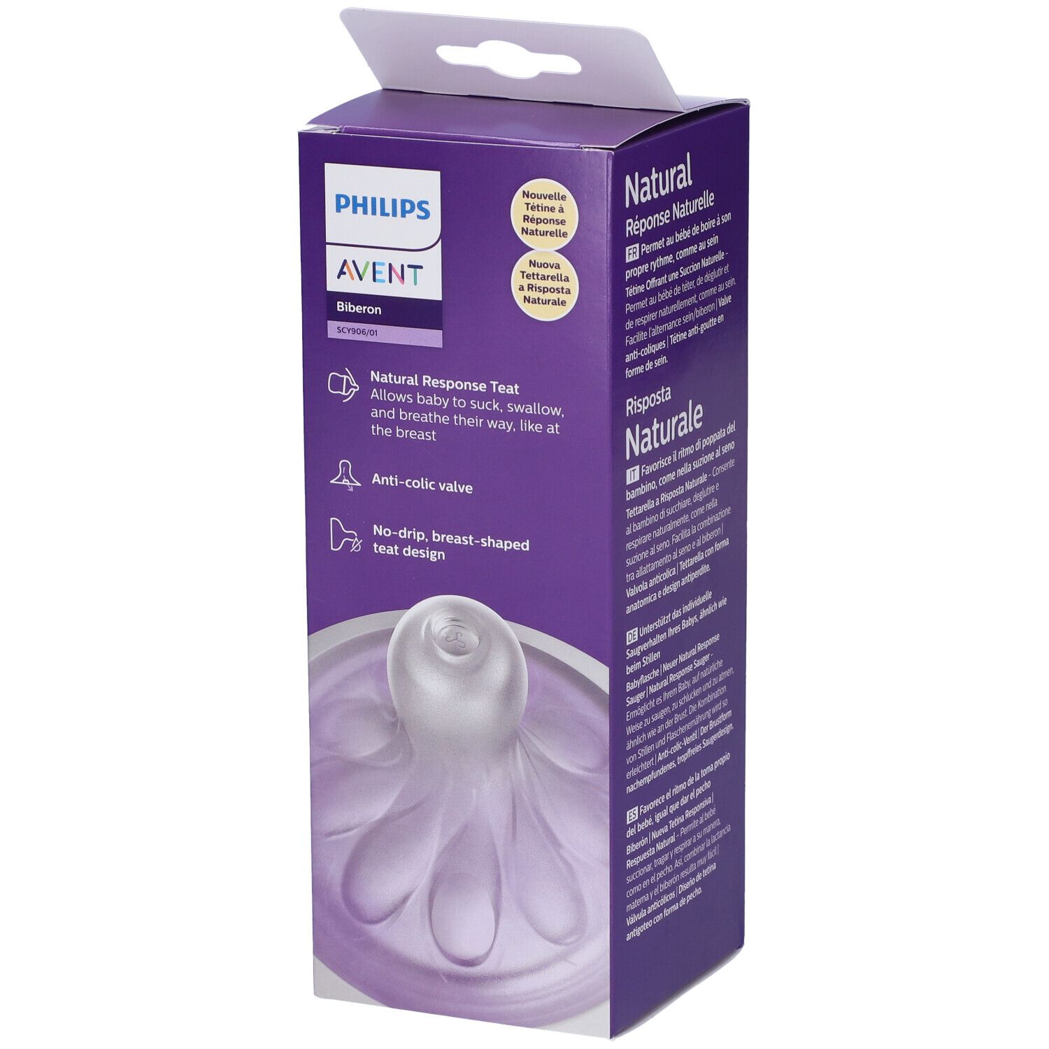 Confezione del biberon Philips Avent. Scatola viola con immagine e testo del prodotto.