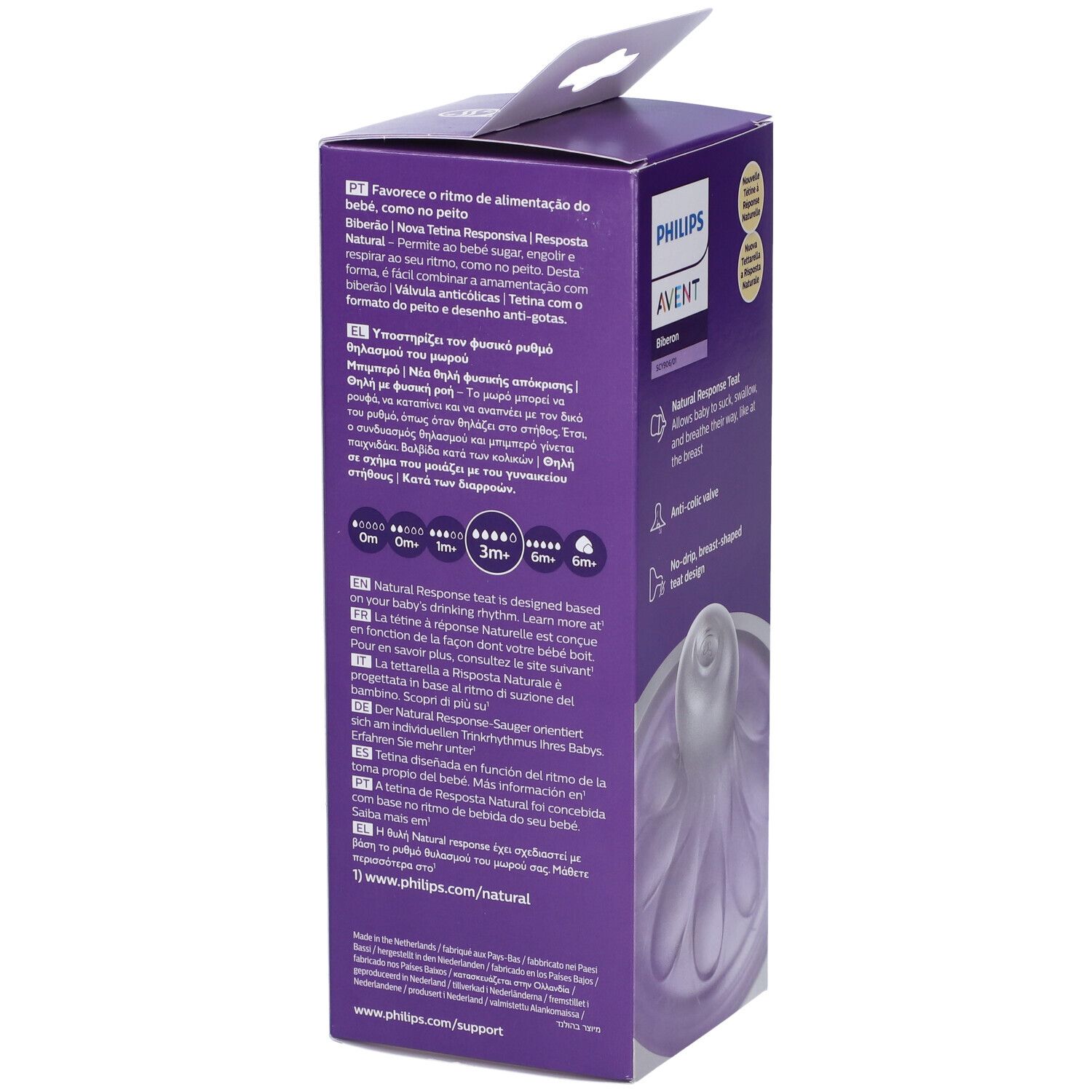 Retro della confezione del biberon Philips Avent. Testo in più lingue.