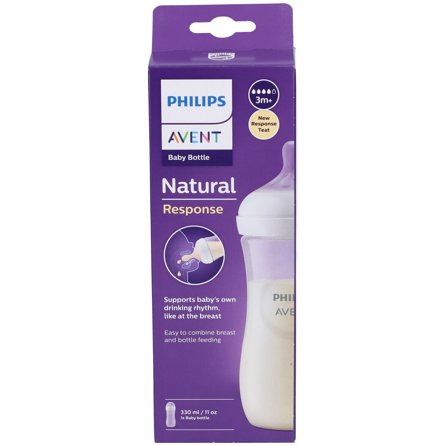 Confezione del biberon Philips Avent Natural Response. Scatola viola con immagine del prodotto.