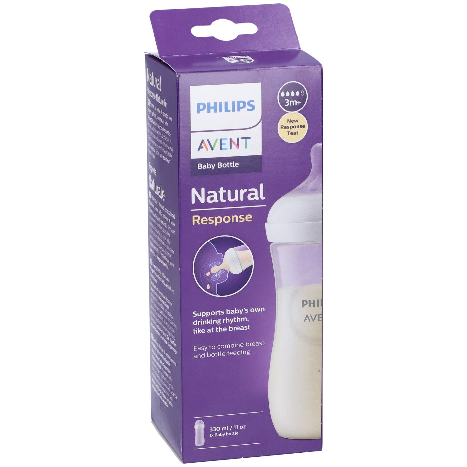 Confezione del biberon Philips Avent Natural Response. Scatola viola con immagine del prodotto.