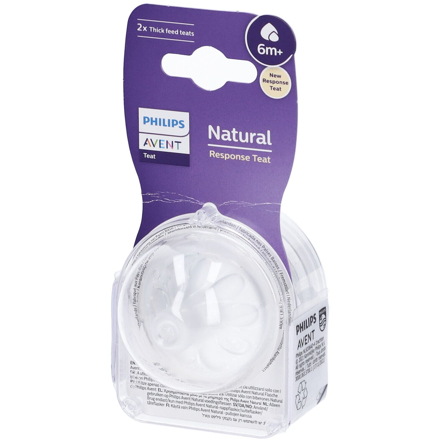 Confezione di due tettarelle Avent Natural Response. Visibili due tettarelle in confezione trasparente.