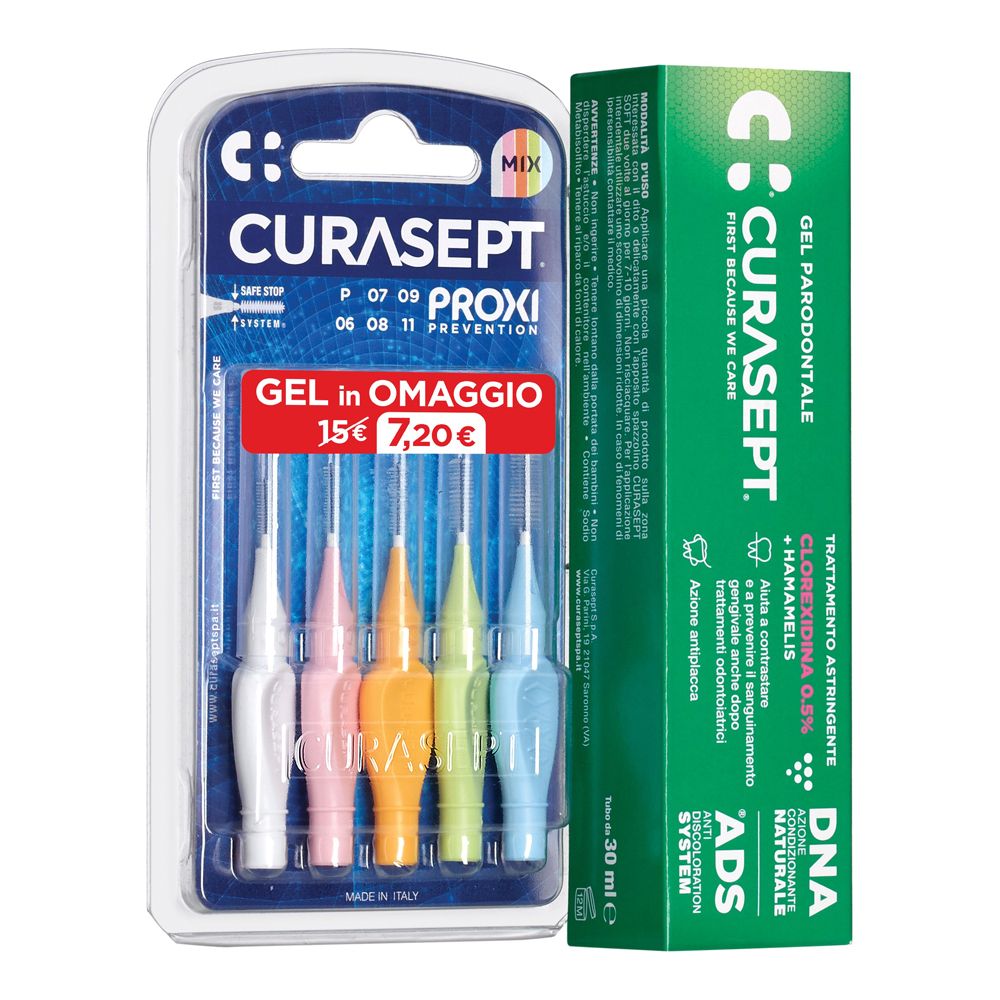 Set per l'igiene orale con spazzolini colorati e tubo di gel. Scritte: CURASEPT PROXI, GEL in OMAGGIO, 30 ml.