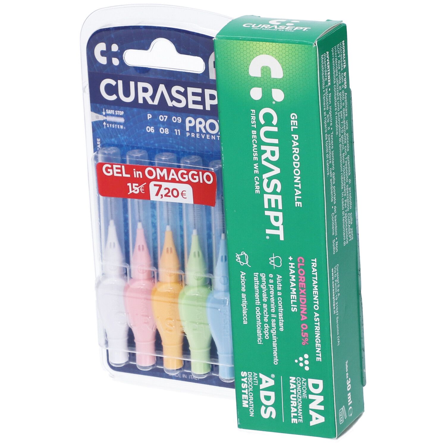 Set per l'igiene orale con spazzolini colorati e tubo di gel. Scritte: CURASEPT PROXI, GEL in OMAGGIO, 30 ml.