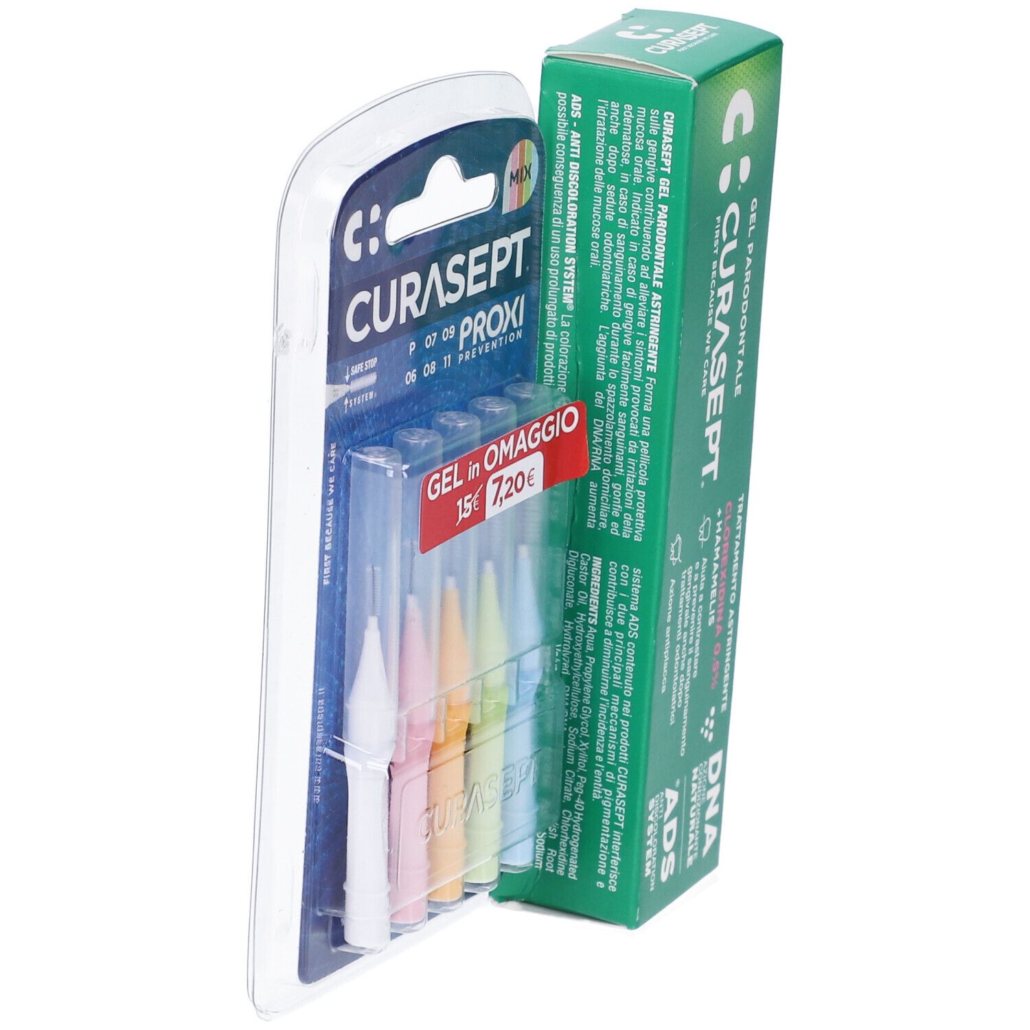 Set per l'igiene orale con spazzolini colorati e tubo di gel. Scritte: CURASEPT PROXI, GEL in OMAGGIO, 30 ml.