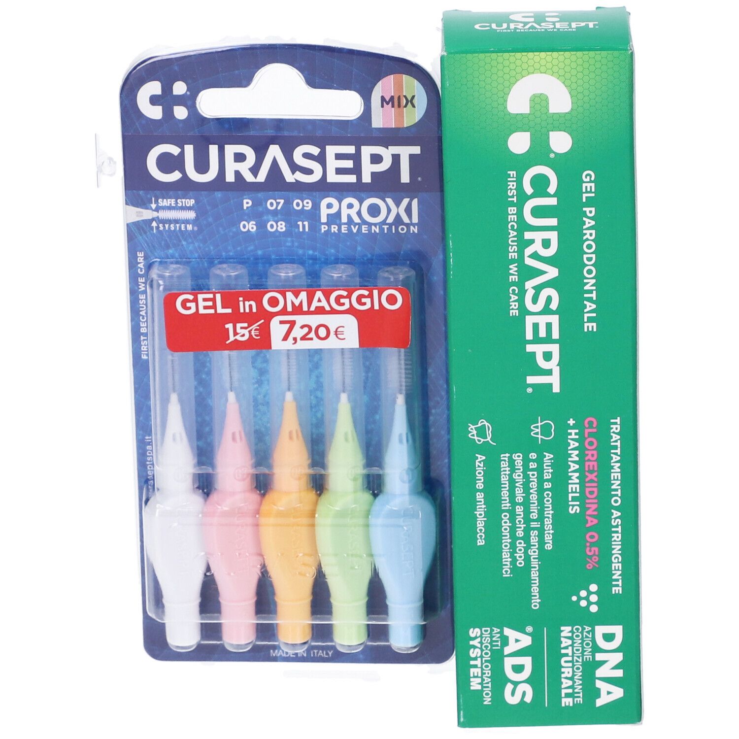 Set per l'igiene orale con spazzolini colorati e tubo di gel. Scritte: CURASEPT PROXI, GEL in OMAGGIO, 30 ml.