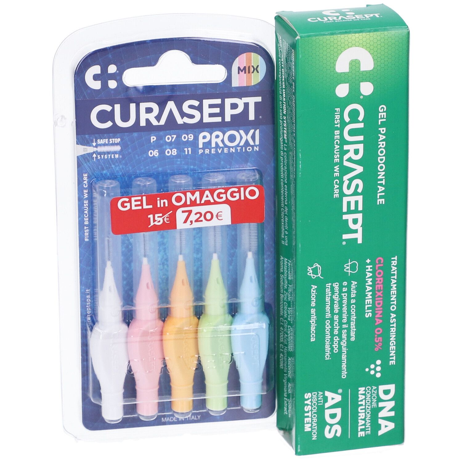 Set per l'igiene orale con spazzolini colorati e tubo di gel. Scritte: CURASEPT PROXI, GEL in OMAGGIO, 30 ml.