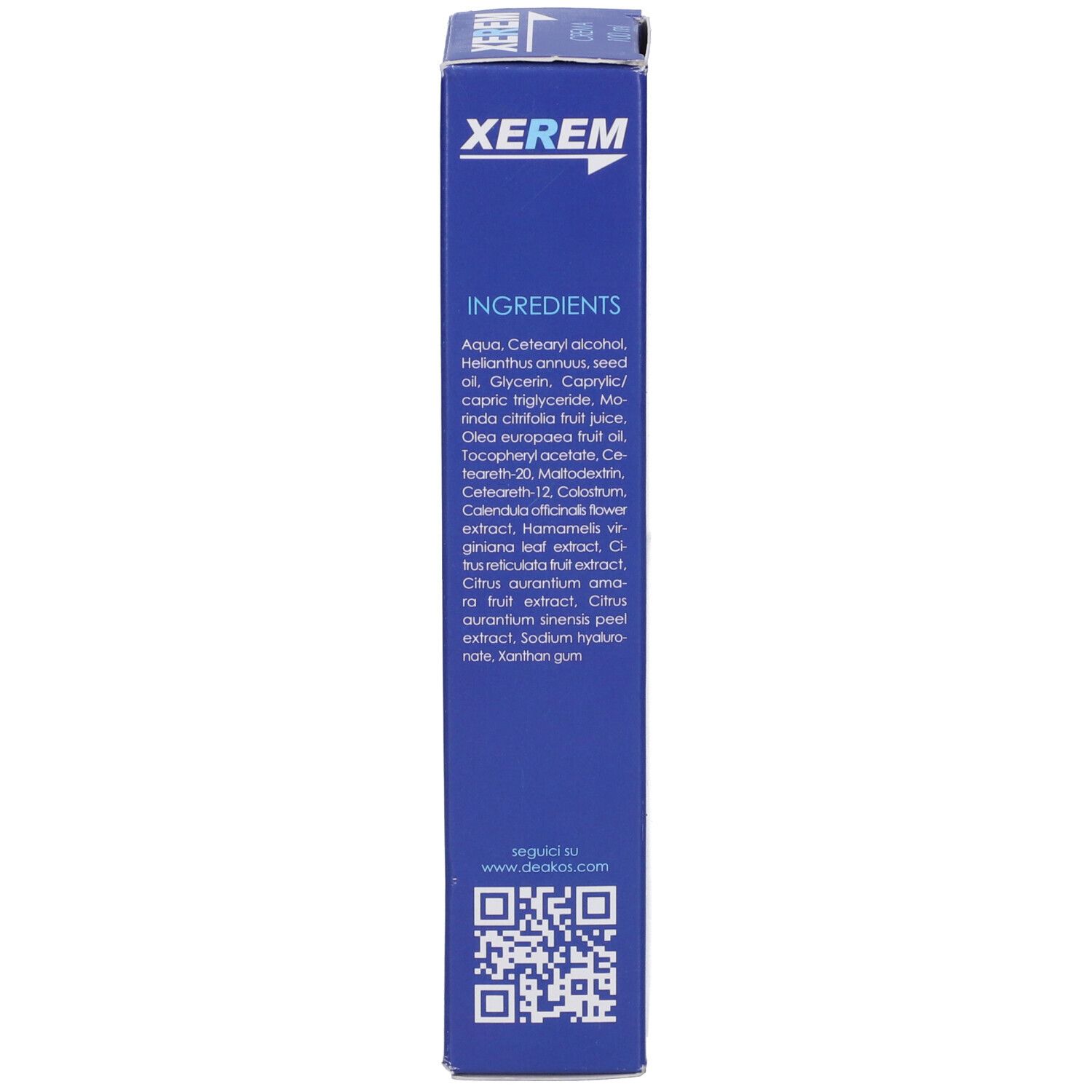 Scatola blu, retro. Ingredienti e informazioni di contatto. Testo bianco.