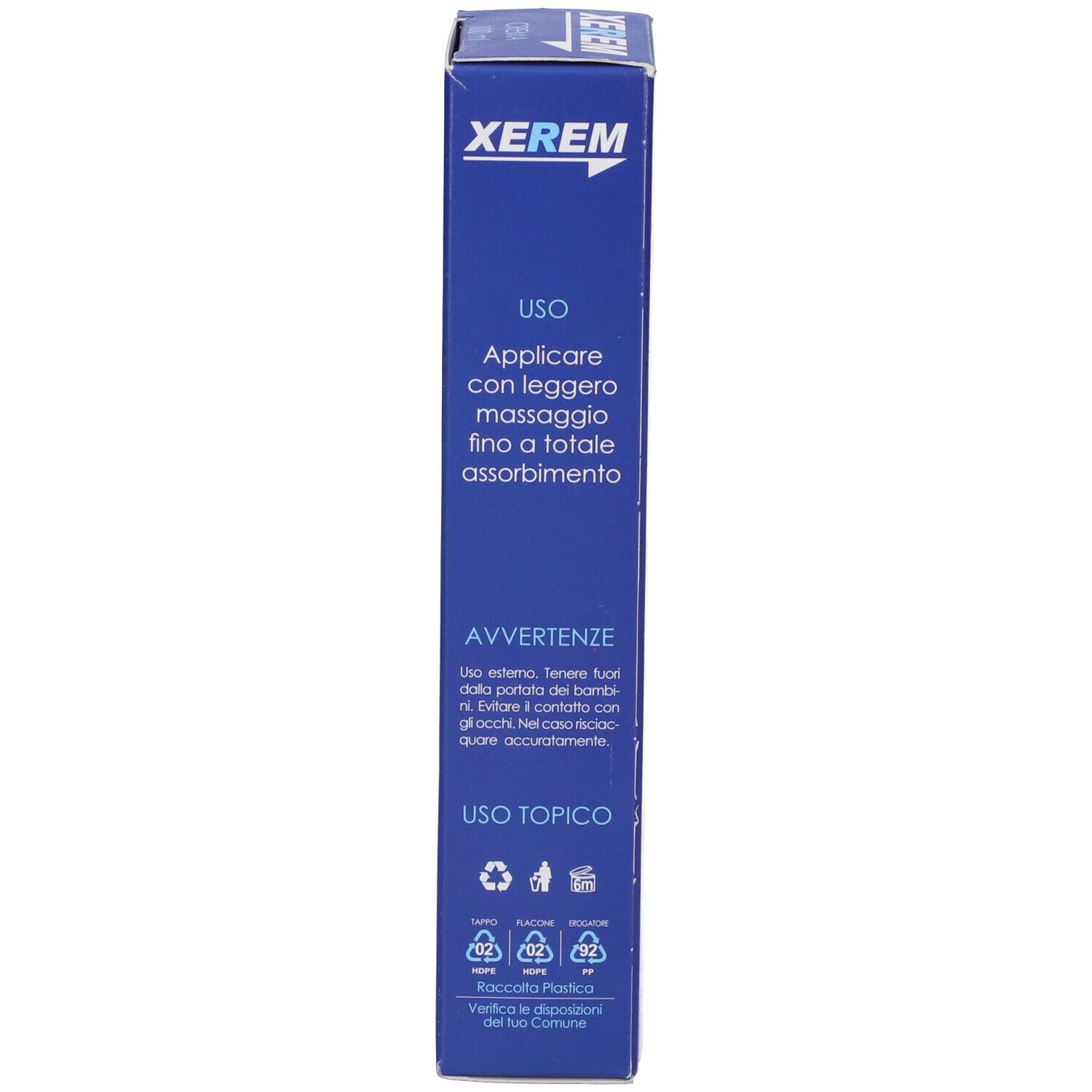 Scatola blu, lato. Istruzioni per l'uso e avvertenze. Testo bianco.