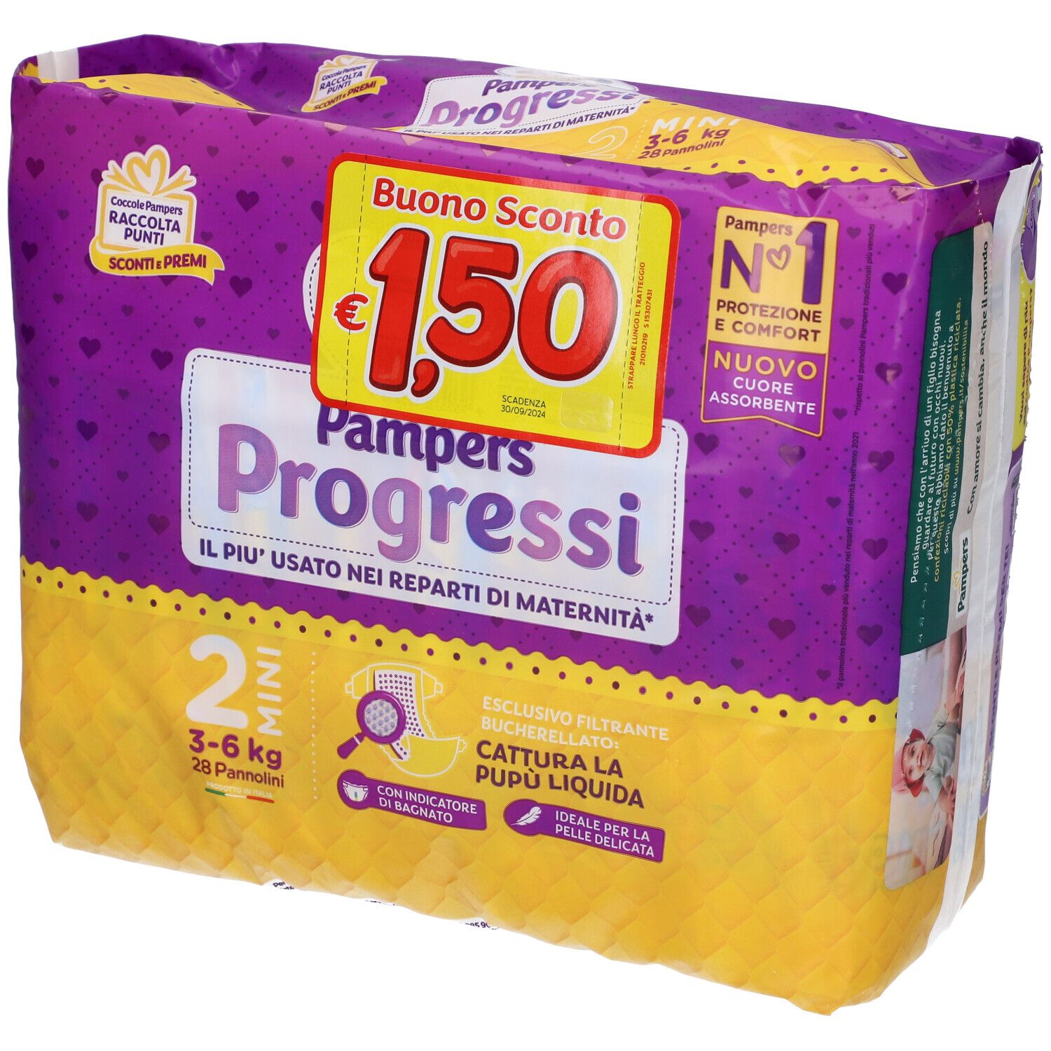 Confezione di pannolini Pampers Progressi. Mini, 3-6 kg. Confezione viola e gialla con buono sconto.