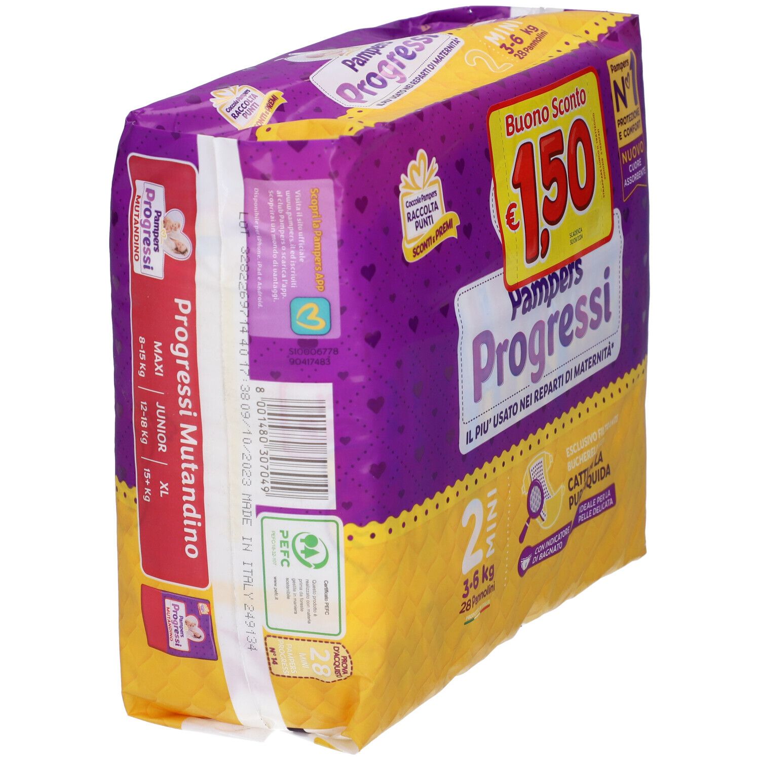 Confezione di pannolini Pampers Progressi. Mini, 3-6 kg. Confezione viola e gialla. Retro con informazioni taglie.