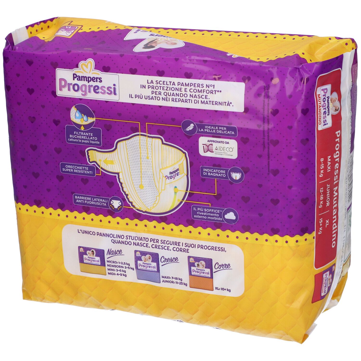 Retro della confezione di pannolini Pampers Progressi. Illustrazione del pannolino. Informazioni taglie.