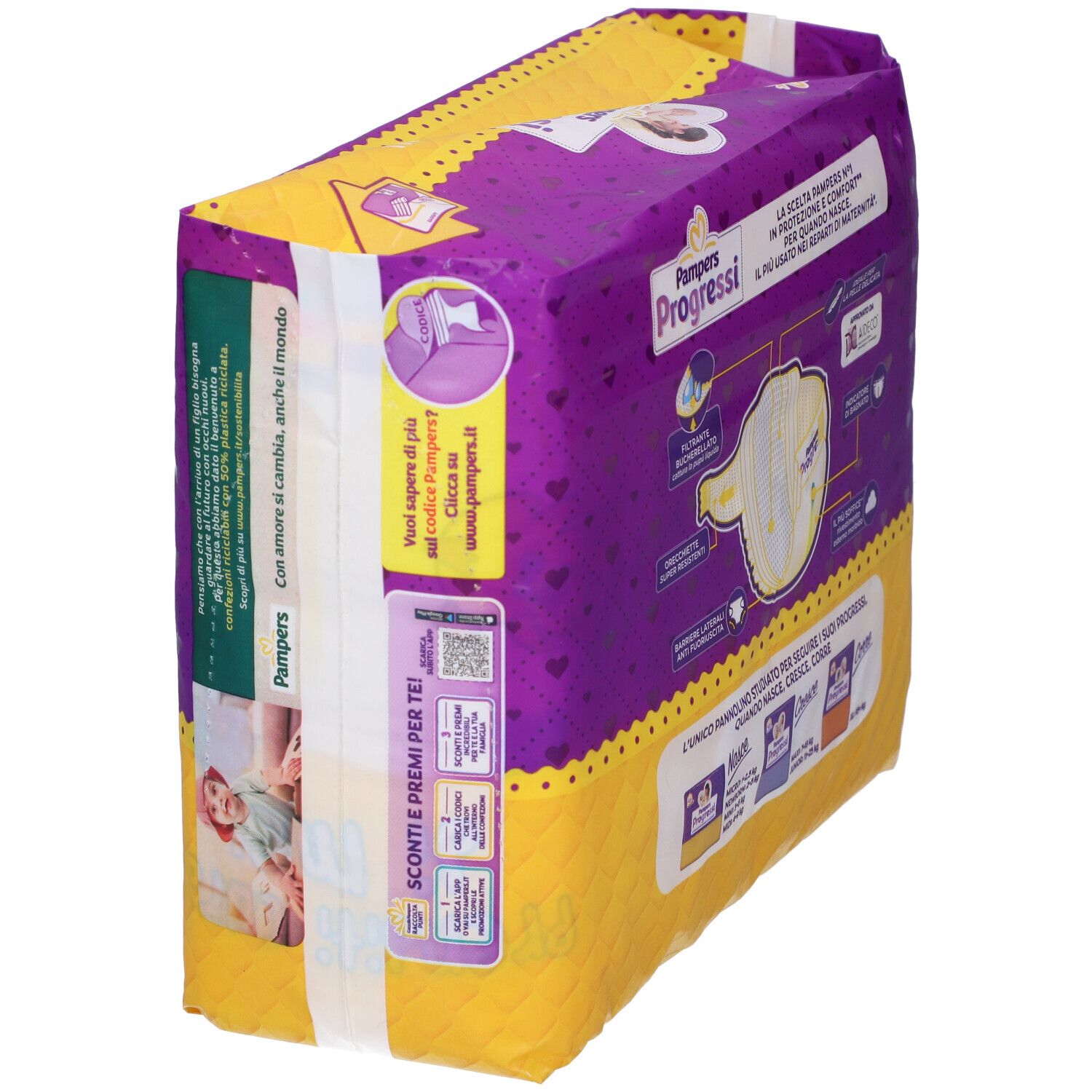 Confezione di pannolini Pampers Progressi. Mini, 3-6 kg. Confezione viola e gialla. Vista laterale con testo e QR code.