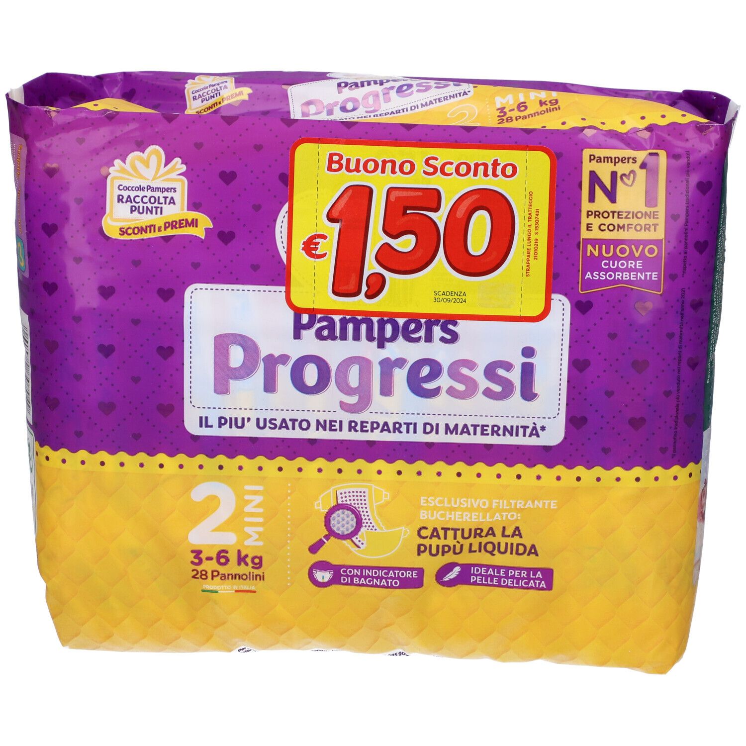 Confezione di pannolini Pampers Progressi. Mini, 3-6 kg. Confezione viola e gialla con buono sconto.
