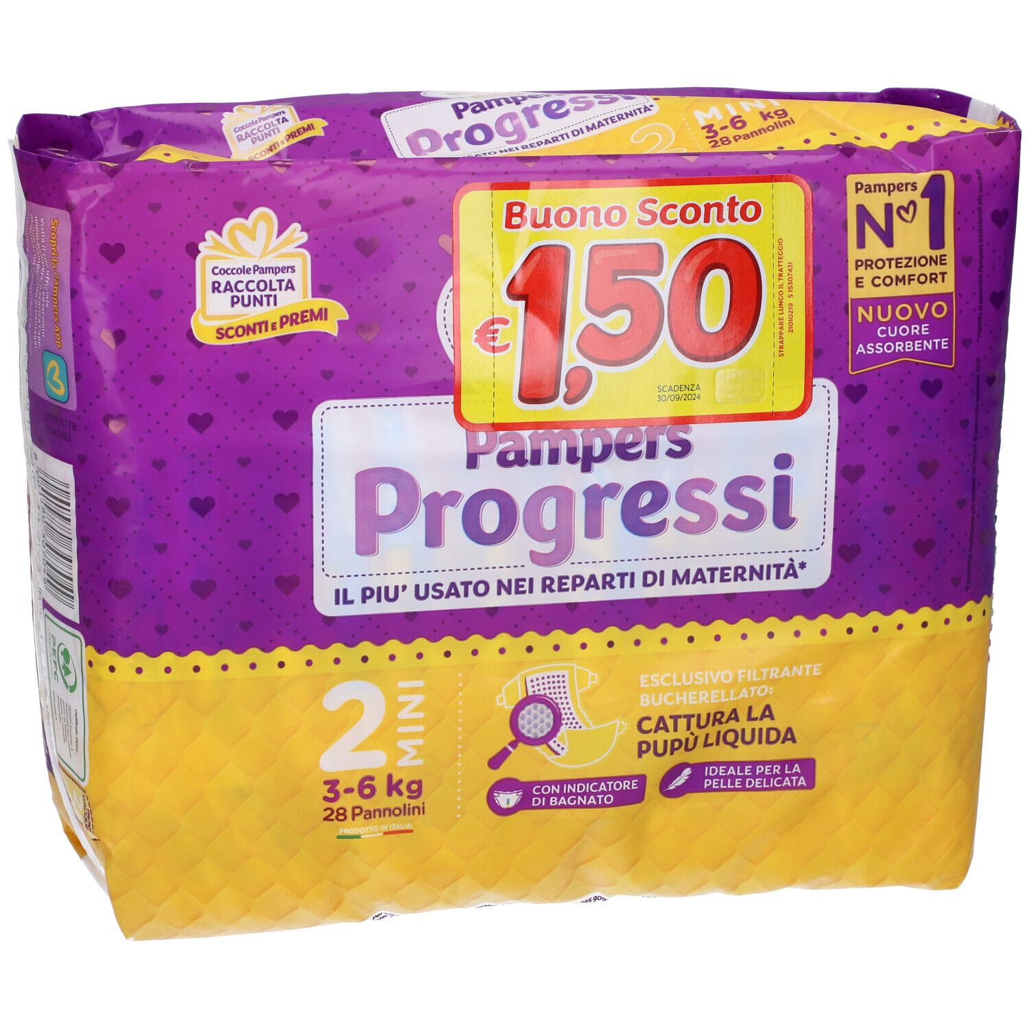 Confezione di pannolini Pampers Progressi. Mini, 3-6 kg. Confezione viola e gialla con buono sconto.