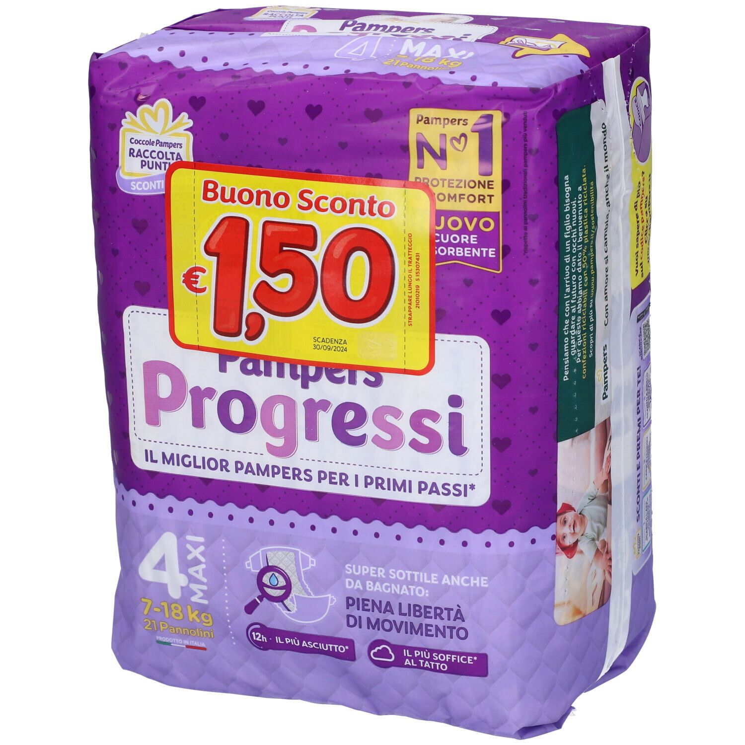 Confezione Pampers Progressi 4 Maxi, 7-18 kg. Imballaggio viola con buono sconto. Informazioni sul prodotto e logo.