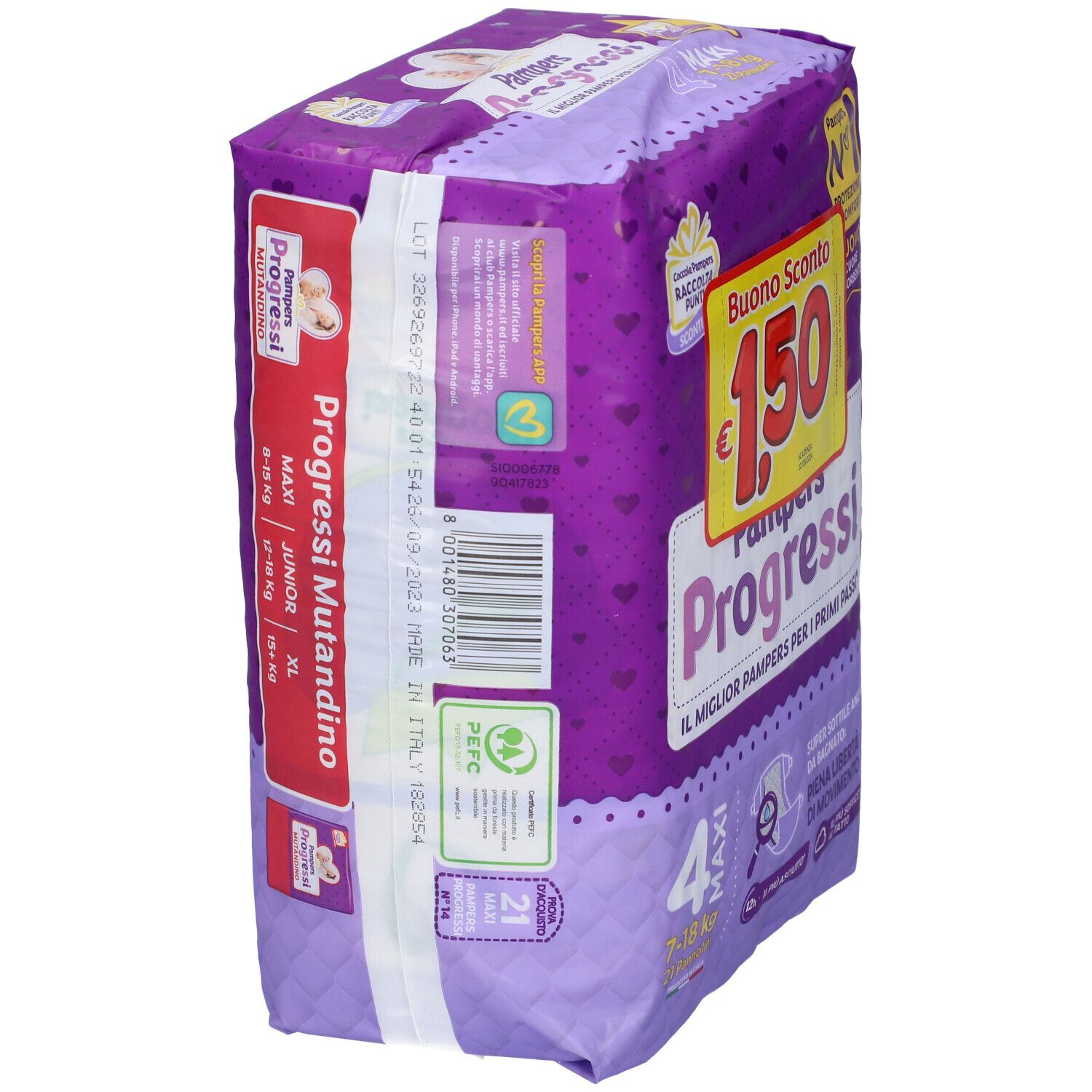 Pampers Progressi 4 Maxi pannolini. Vista laterale della confezione con informazioni, logo e certificazioni.