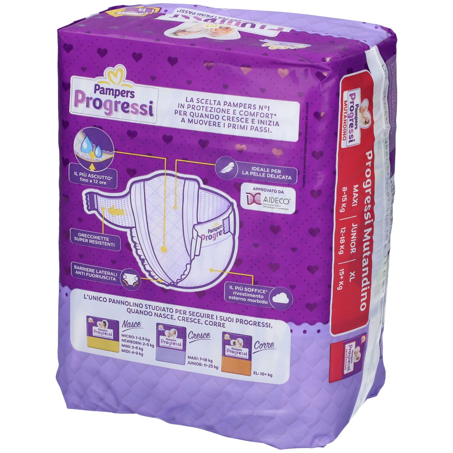Pannolini Pampers Progressi 4 Maxi. Retro della confezione con immagine del prodotto e informazioni sulla vestibilità.