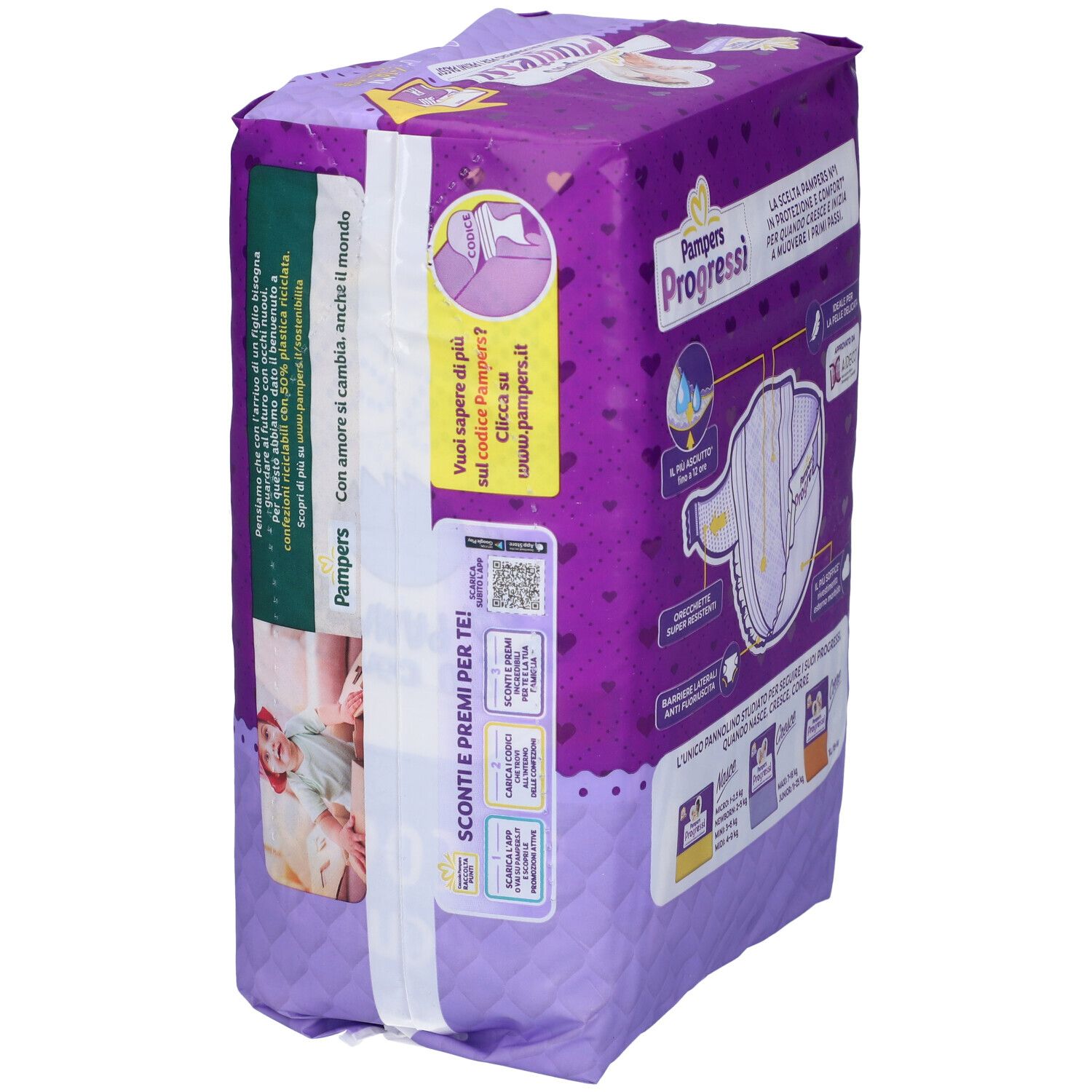 Pannolini Pampers Progressi 4 Maxi. Vista laterale della confezione con informazioni, logo e codice QR.