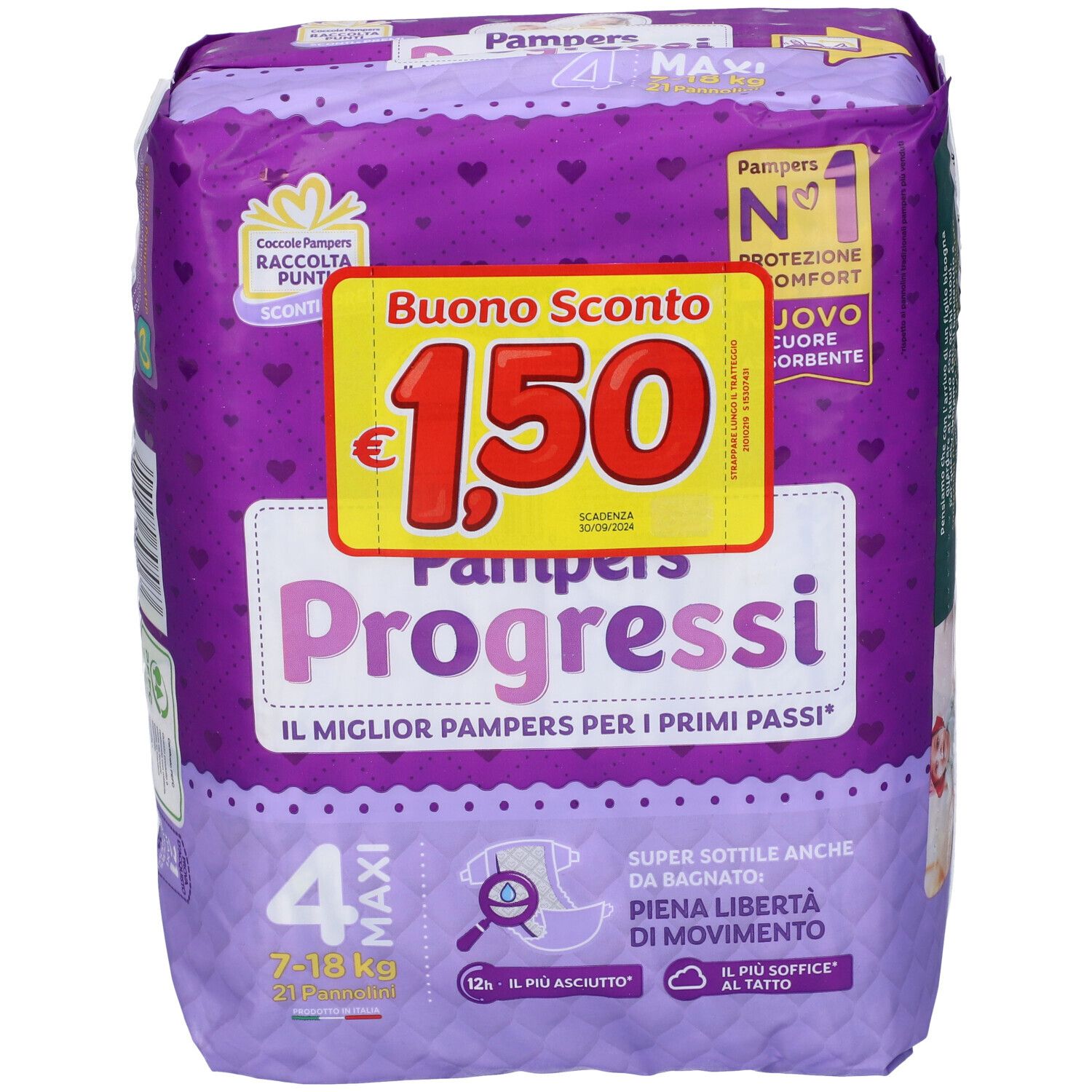 Confezione Pampers Progressi 4 Maxi, 7-18 kg. Imballaggio viola con buono sconto. Informazioni sul prodotto e logo.