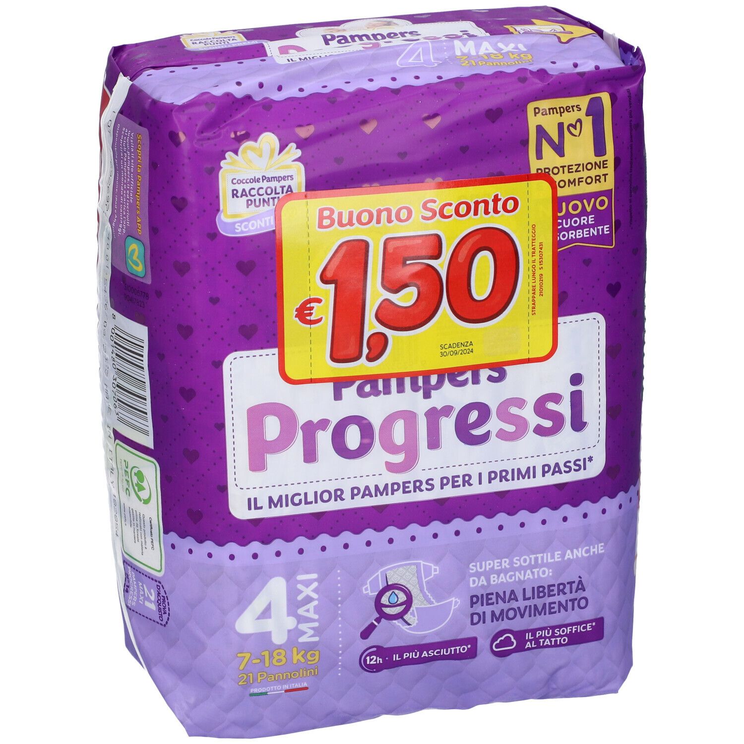Confezione Pampers Progressi 4 Maxi, 7-18 kg. Imballaggio viola con buono sconto. Informazioni sul prodotto e logo.